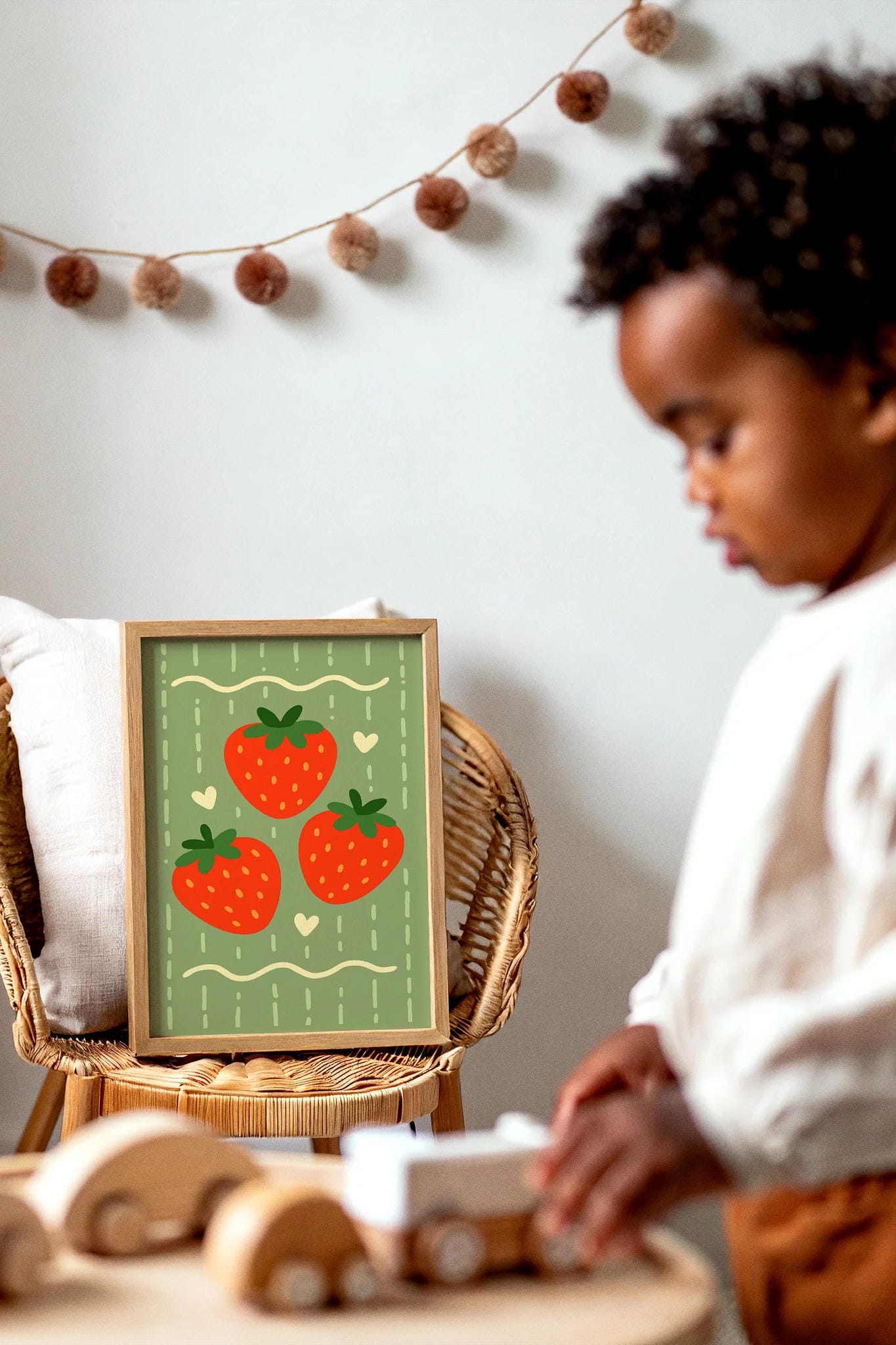Strawberry Poster – Cute Green Wall Art for Kids