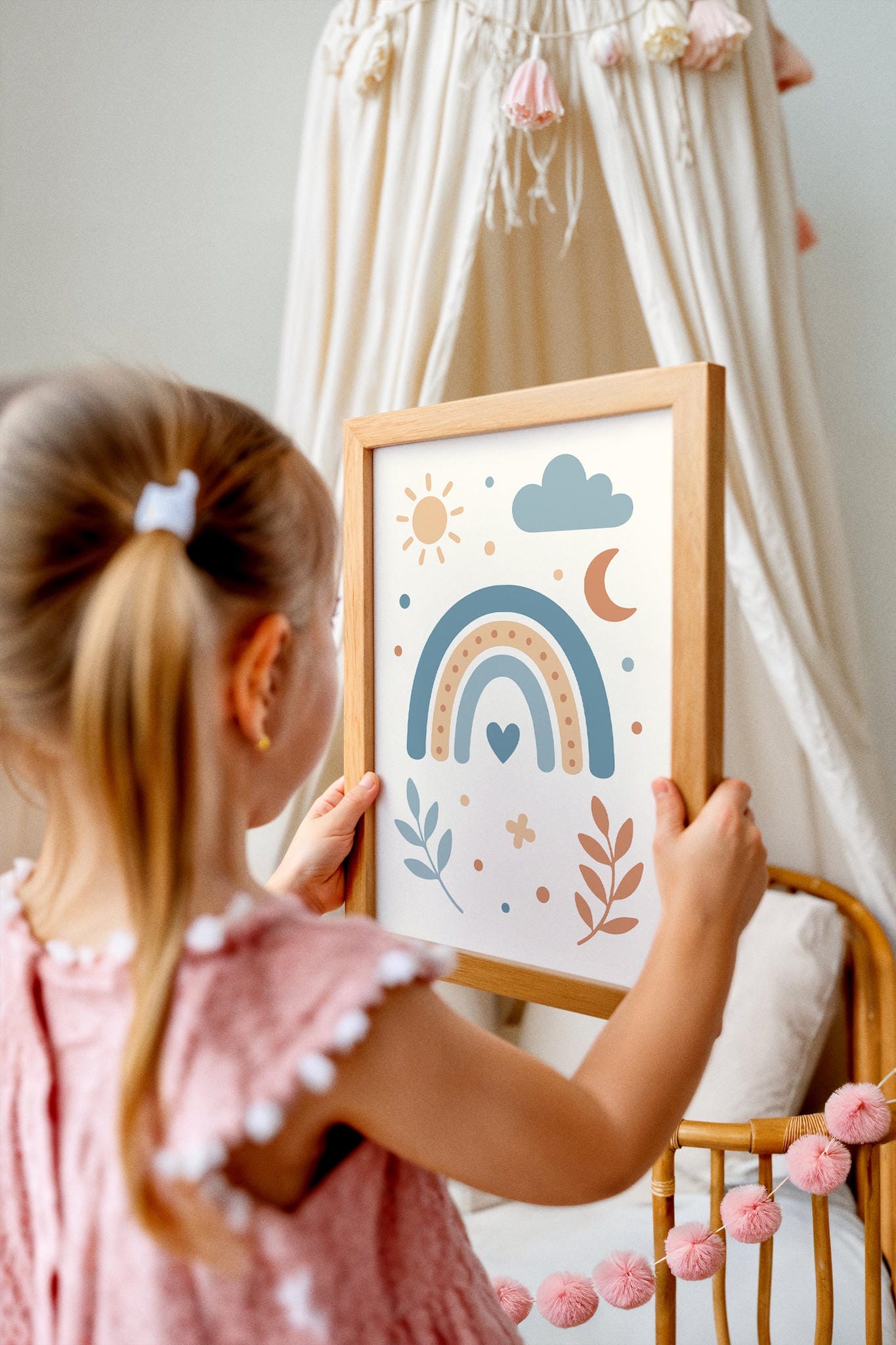 Blue Beige Rainbow Print – Sun Moon Cloud & Heart Art