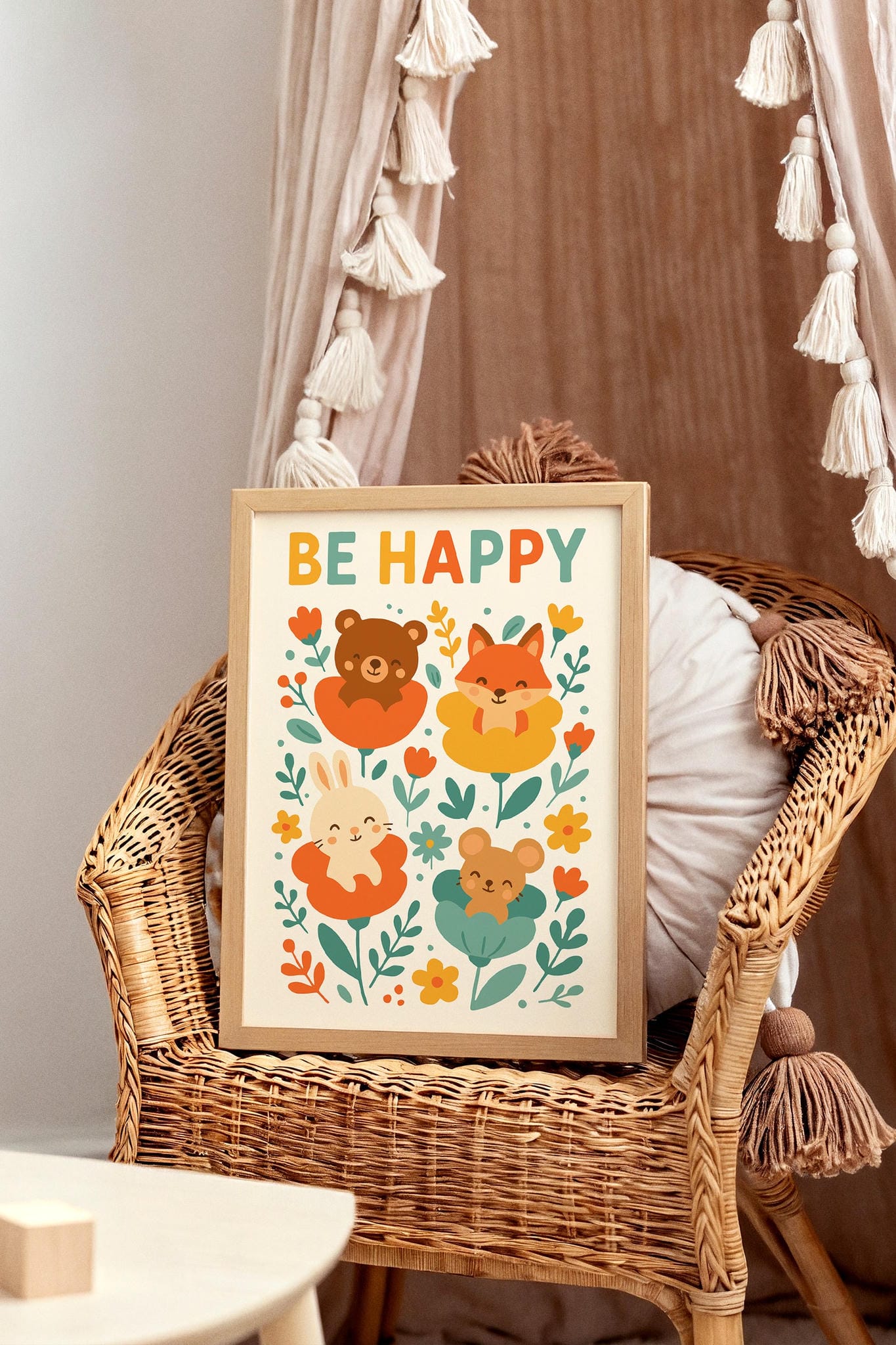 Be Happy Quote Poster – Happy Animals & Flowers Art Print