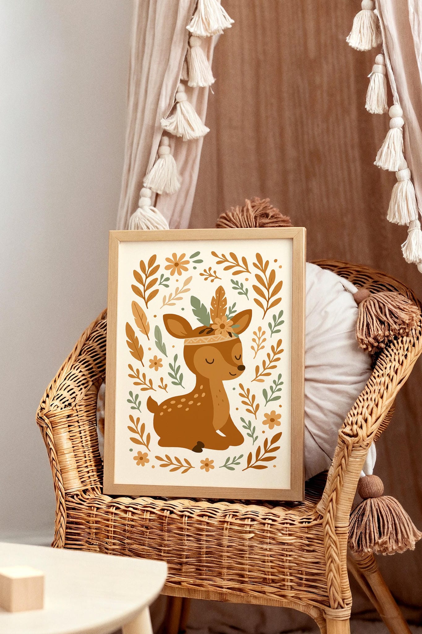 Boho Deer with Flowers – Cute Kids Room Decor Poster