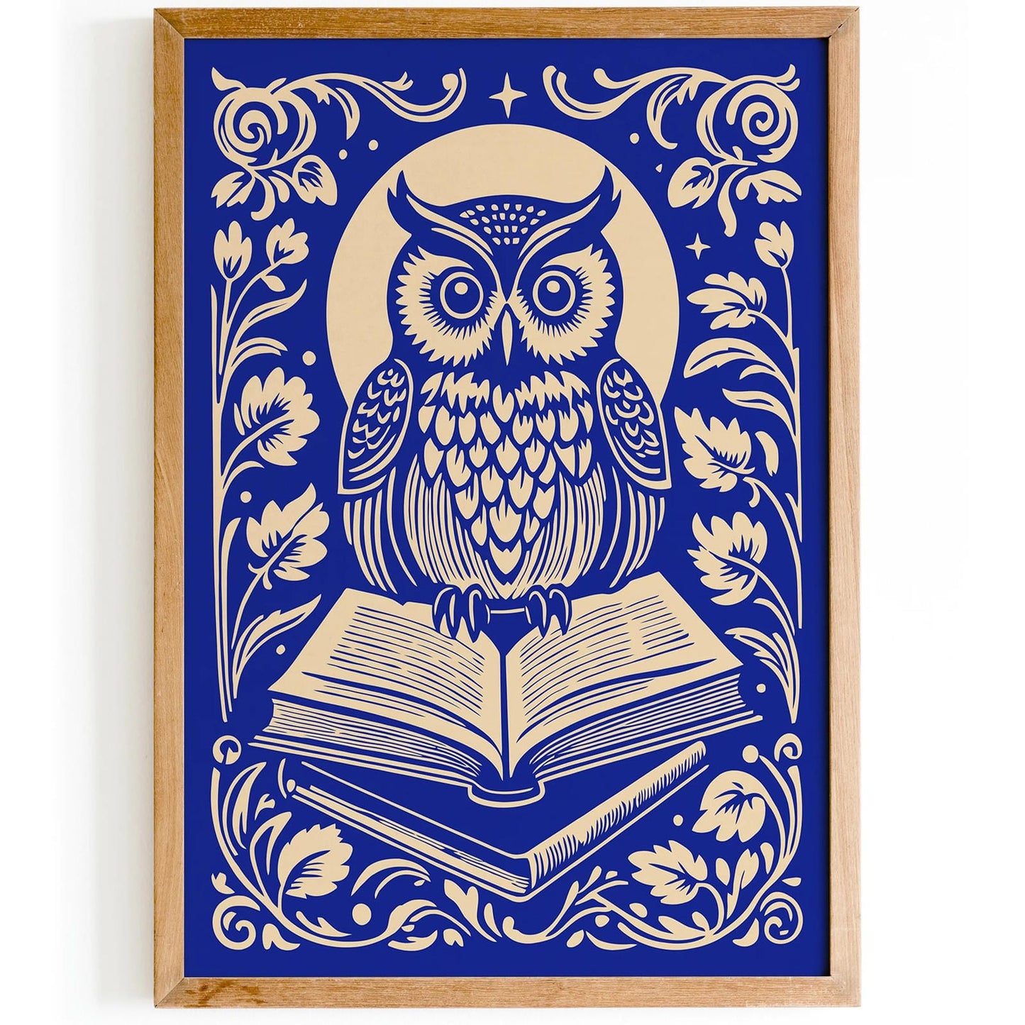 Blue Night Owl with Book Wall Art Print