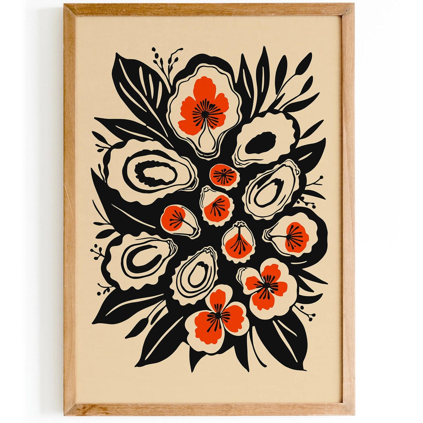Black Ink Oysters and Flowers Poster