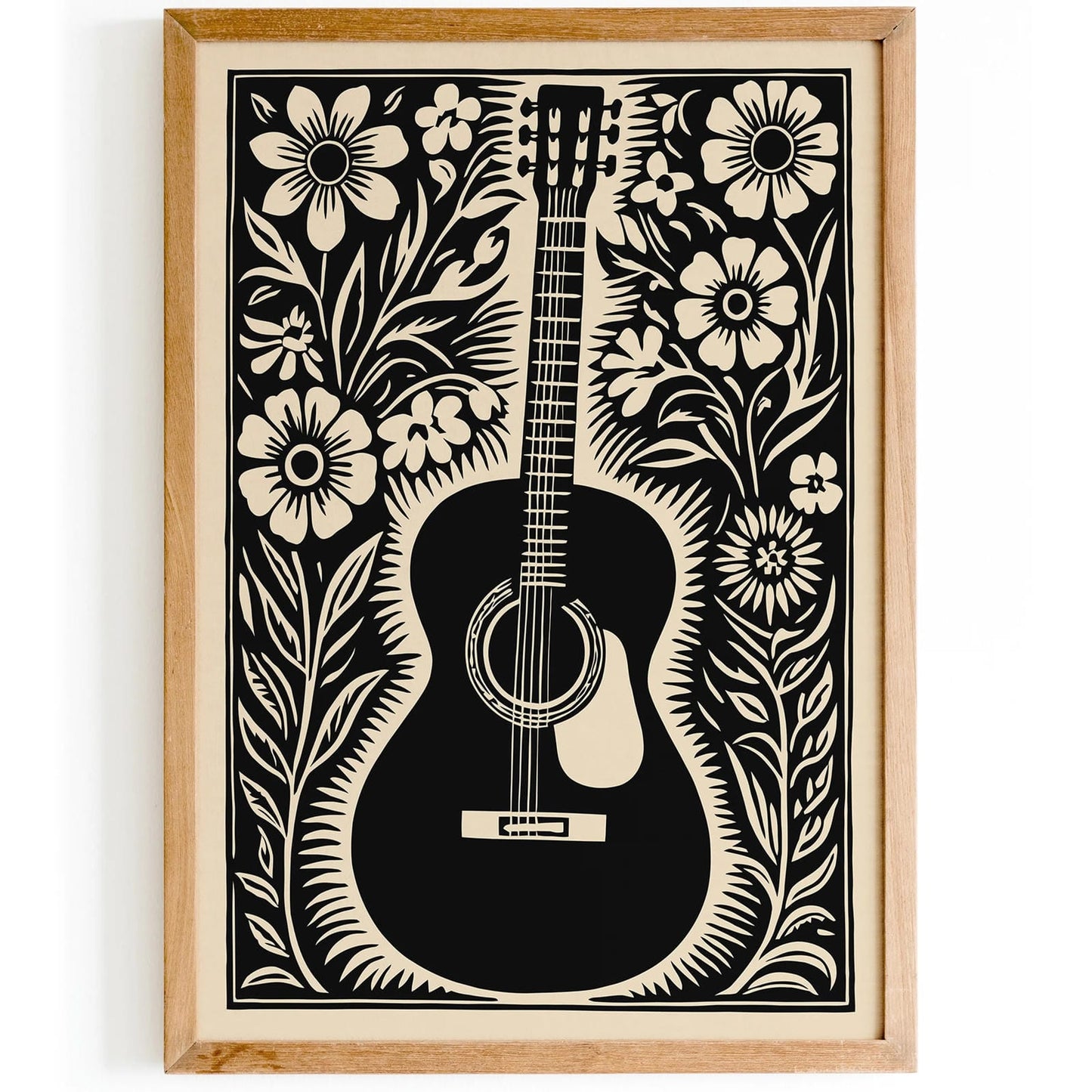 Vintage Linocut Guitar in Flowers Poster