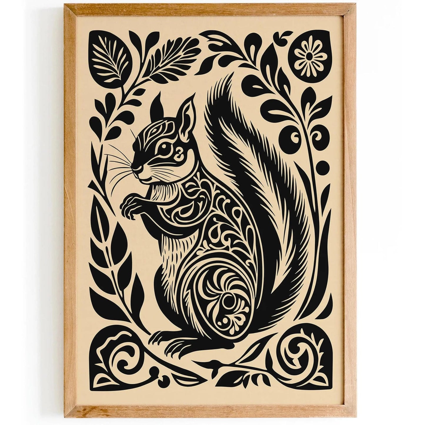 Woodcut Black Squirrel Poster - Rustic Woodland Print