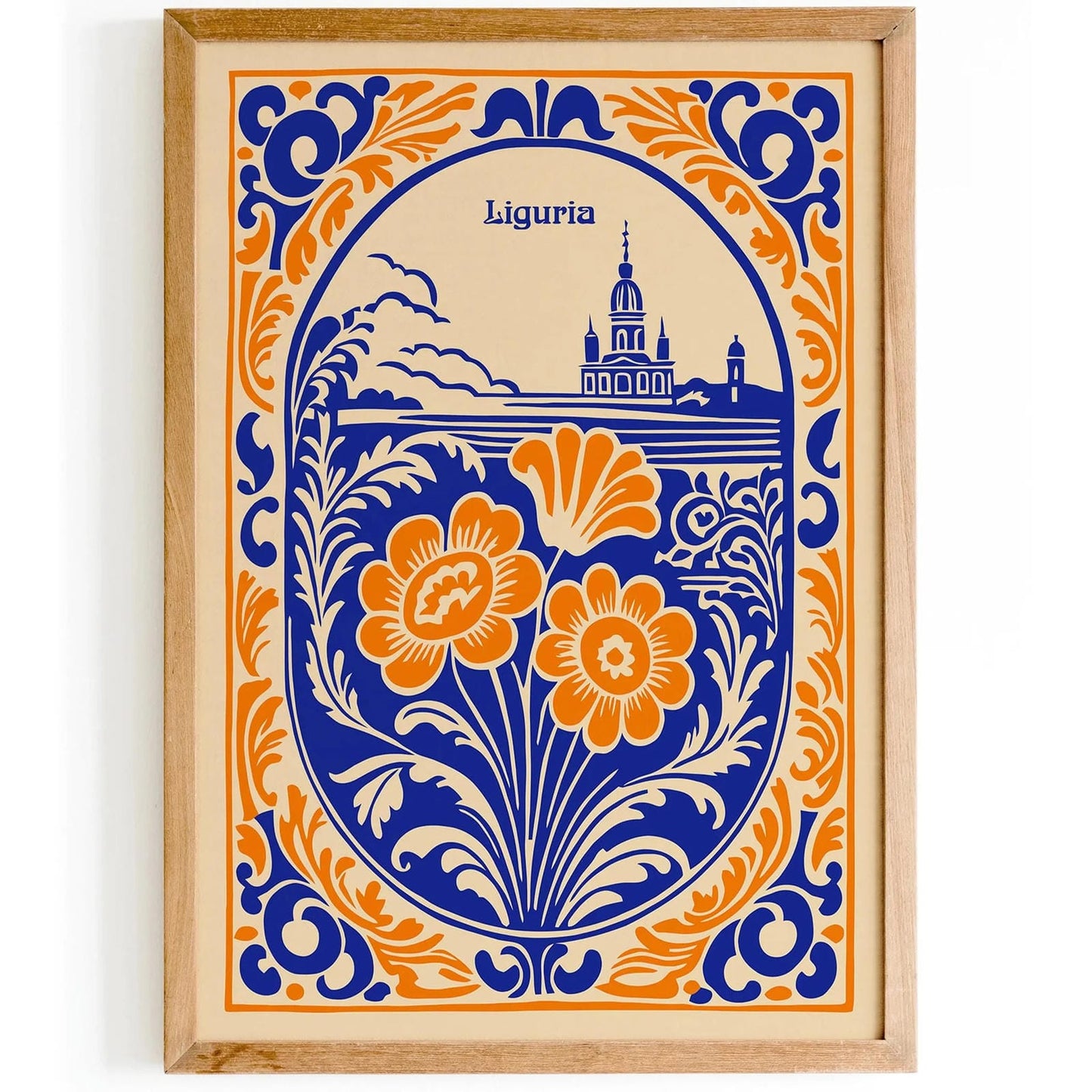 Liguria Italy Blue & Orange Rococo Style Poster