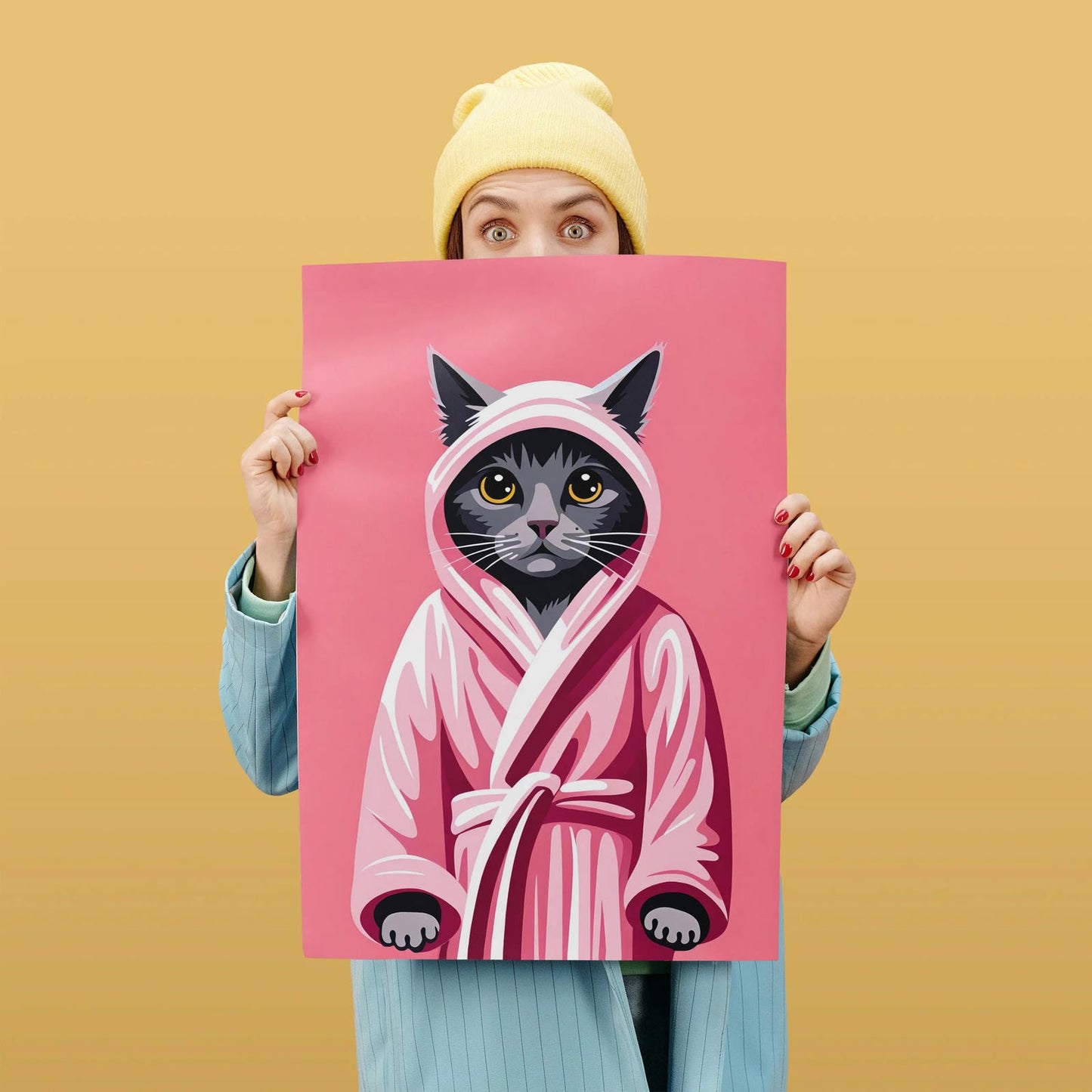 Bathrobe Cat Pink Wall Art Print