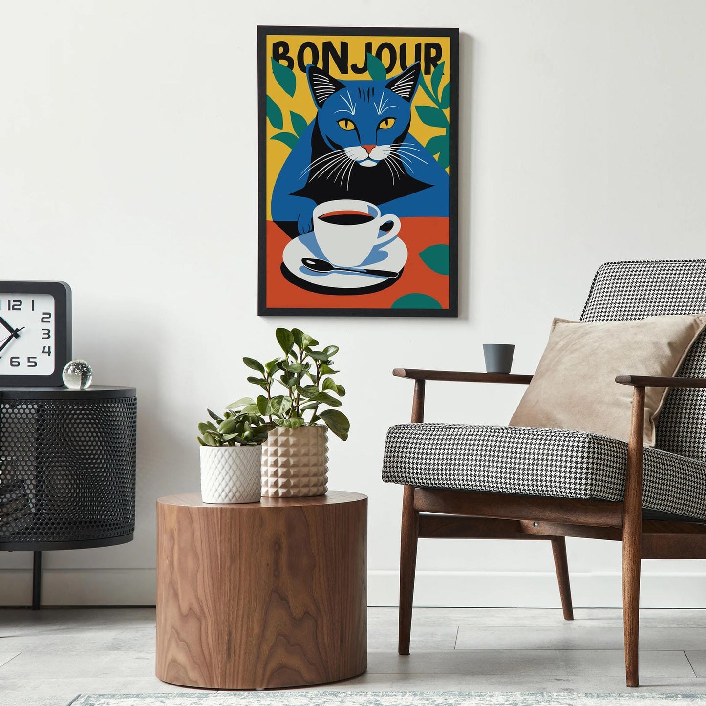 Bonjour Coffee Cat Wall Art Print