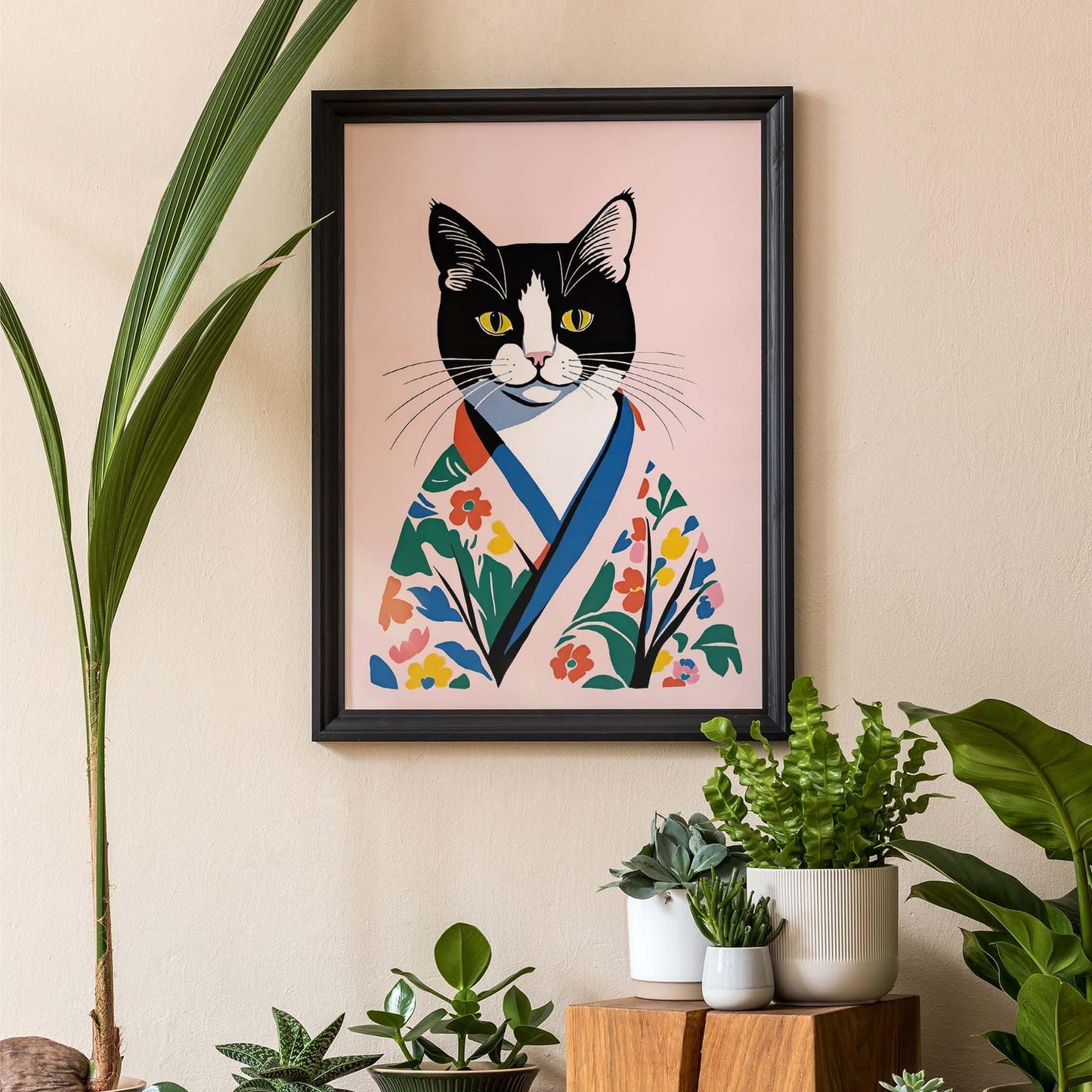 Tuxedo Cat in Floral Kimono Art Print