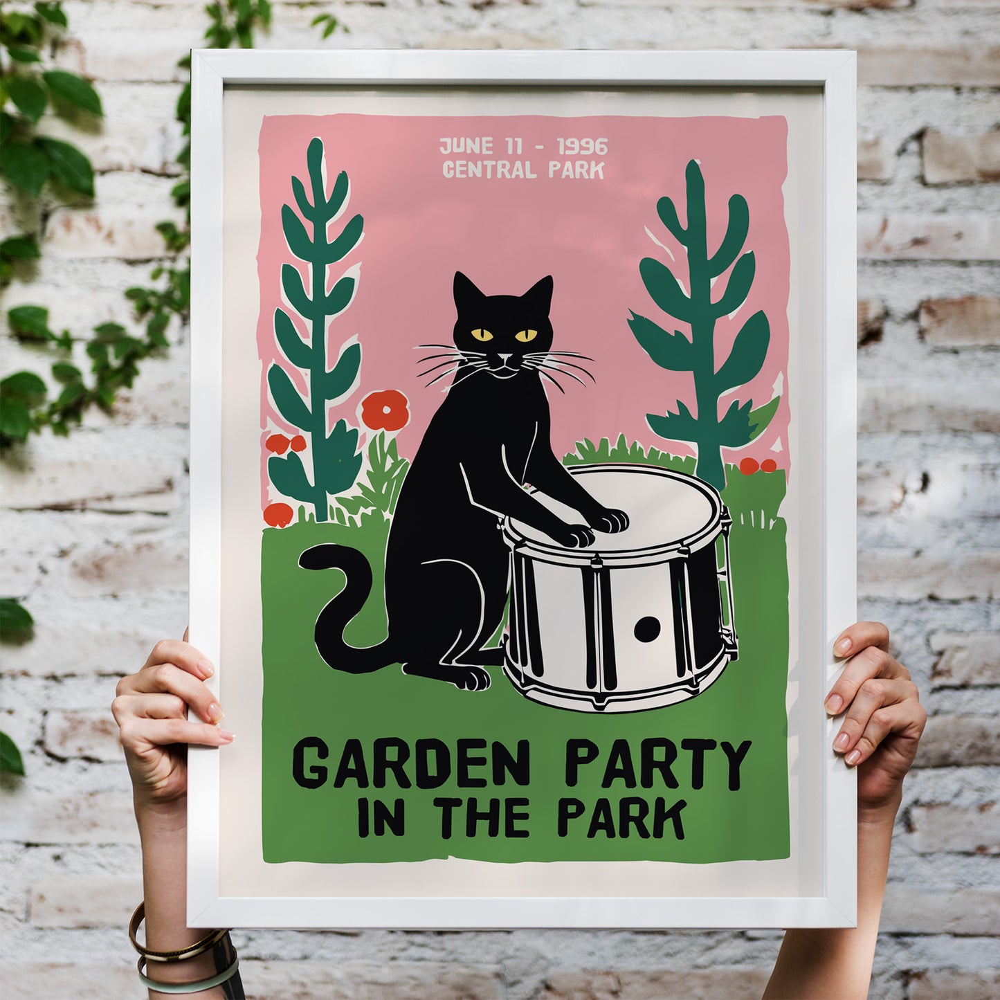 Garden Party Cat 1996 Floral Drum Print
