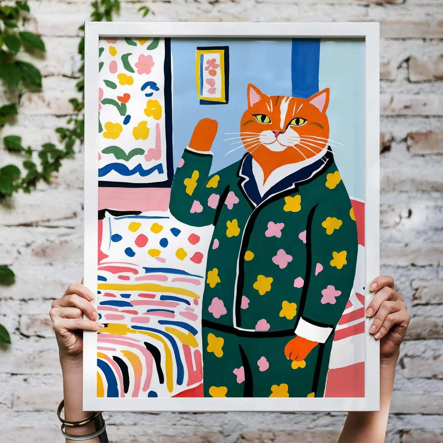 Floral Pajama Cat Wall Art Print