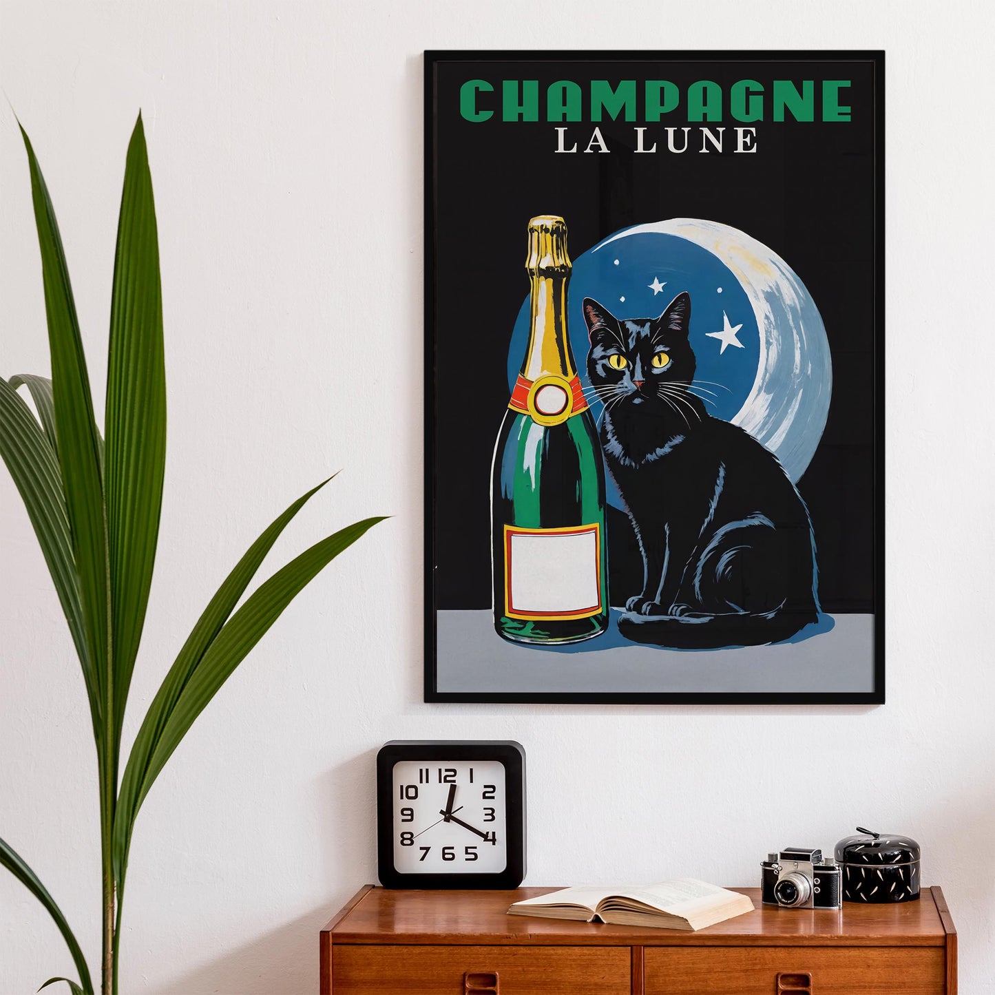 Champagne La Lune Black Cat Art Print