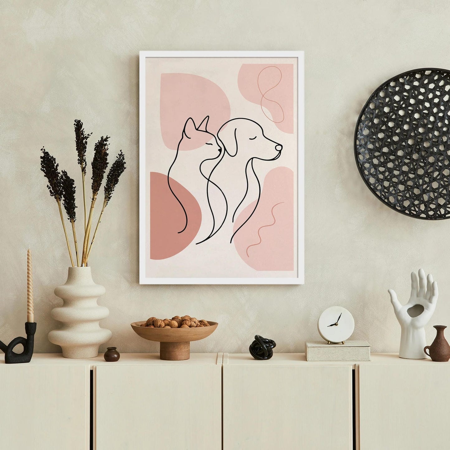 Cat & Dog Line Art – Pink Pastel Poster
