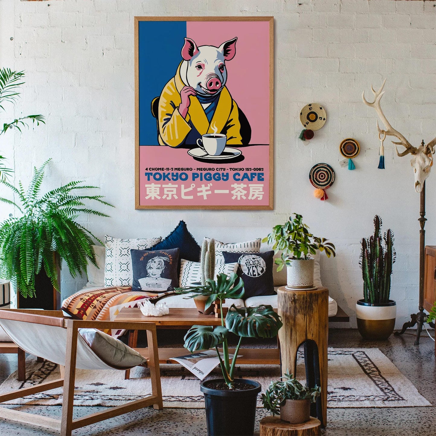 Japanese Cafe Poster - Pig Drinking Coffee