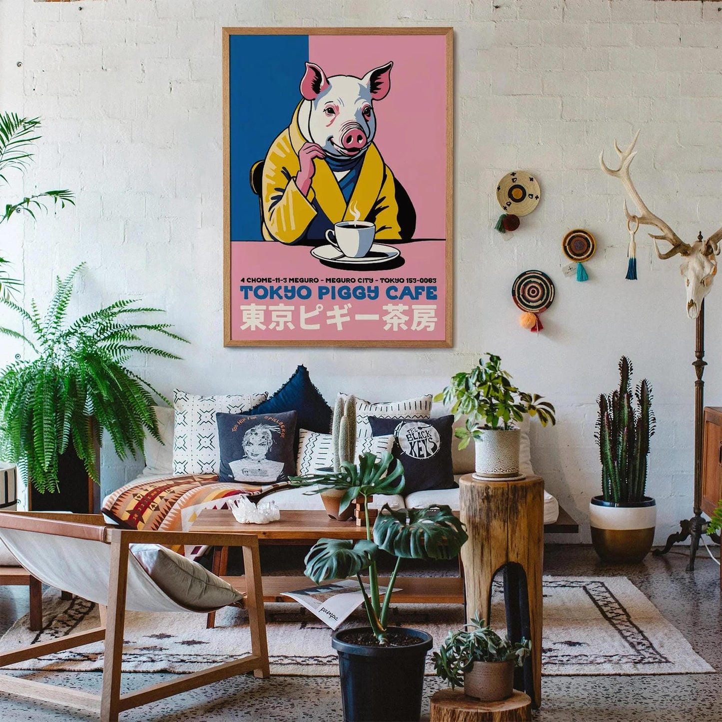 Japanese Cafe Poster - Pig Drinking Coffee