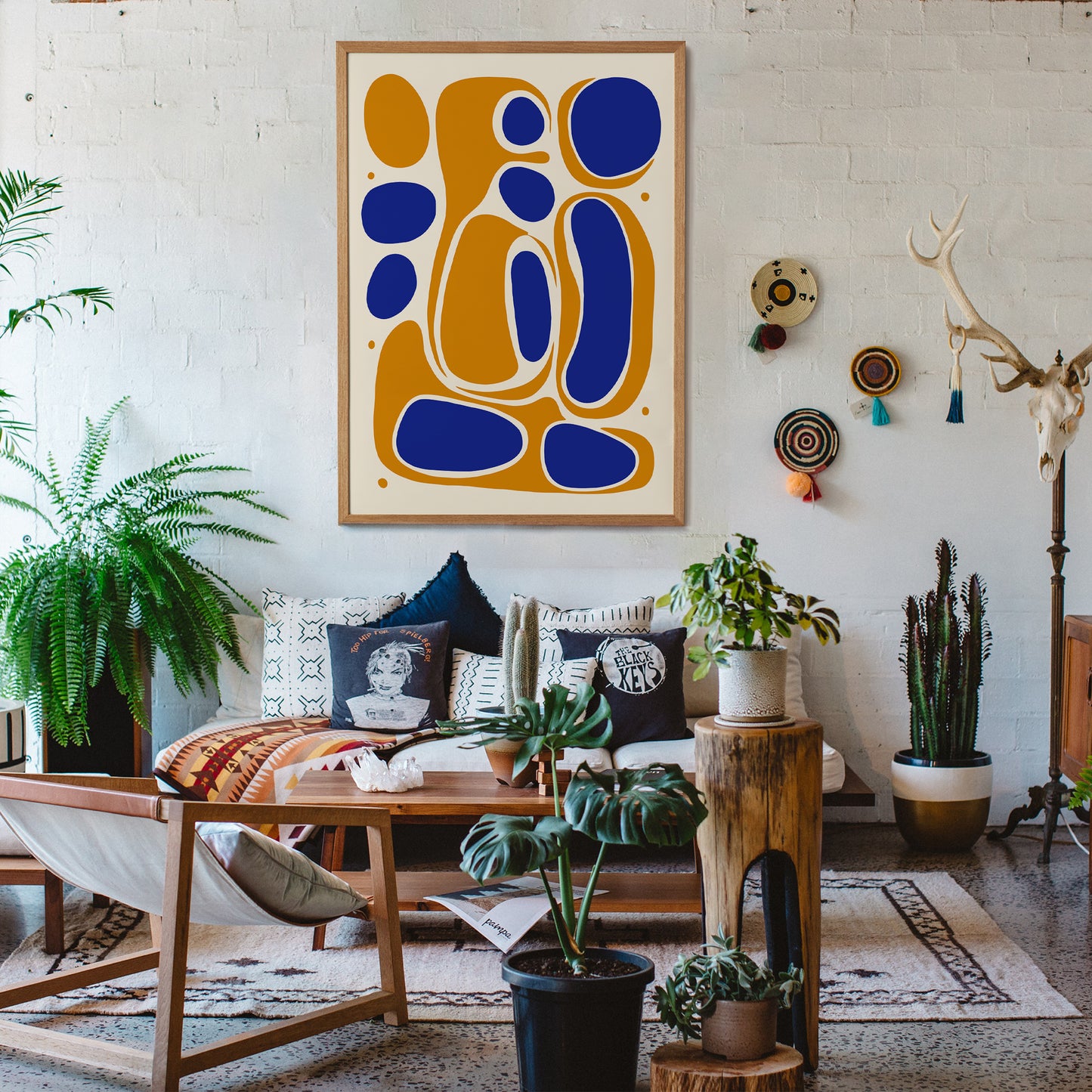 Mustard Yellow and Blue Abstract Print