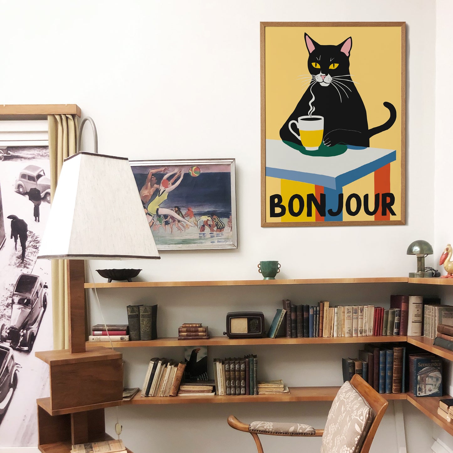 Bonjour - Coffee Cat Art Print