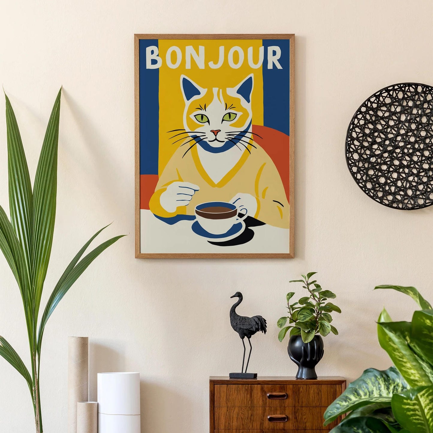 Bonjour Cute Cat Wall Art Print