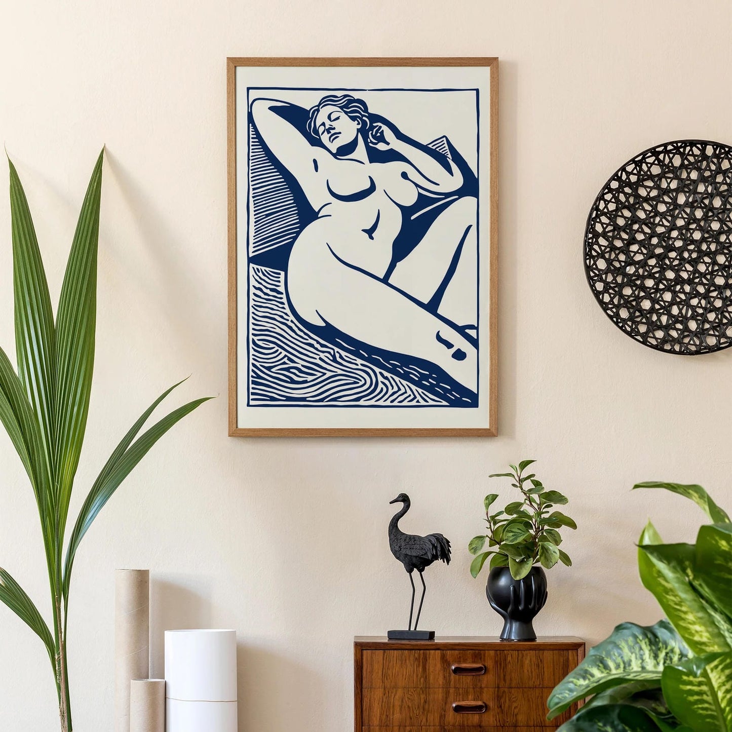 Vintage Sunbathing Linocut Poster