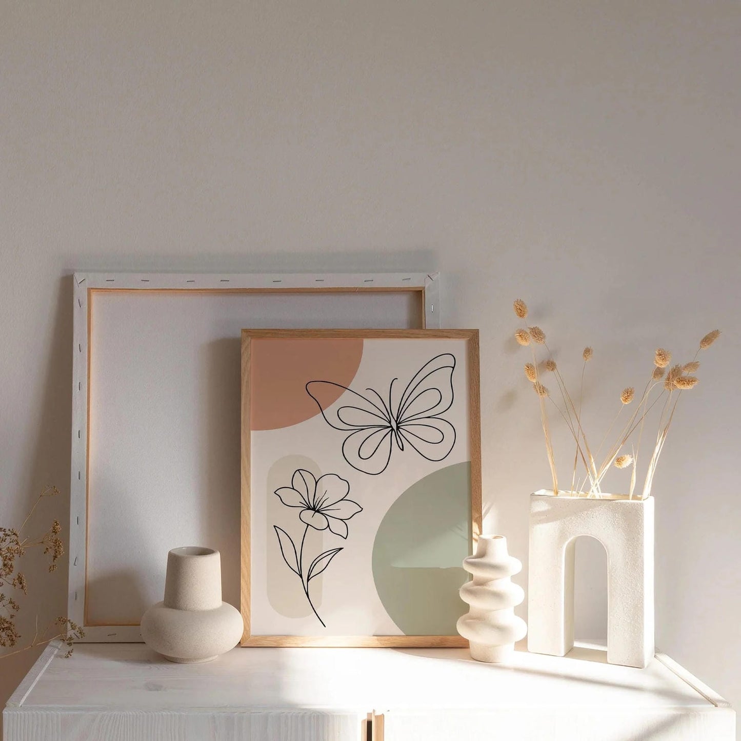 Butterfly and Flower Line Art Print – Pastel Wall Decor