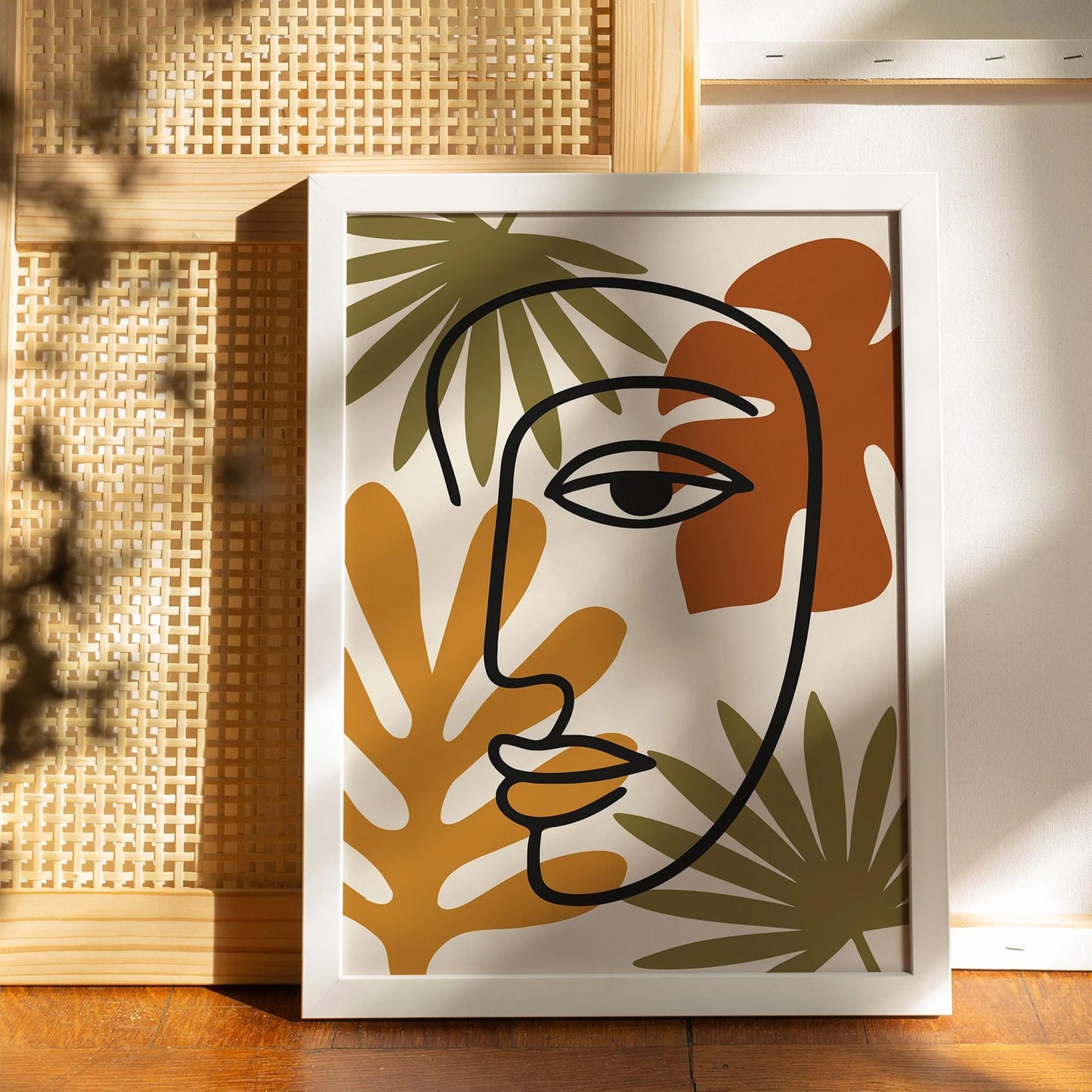 Boho Line Art Face with Tropical Leaves Poster