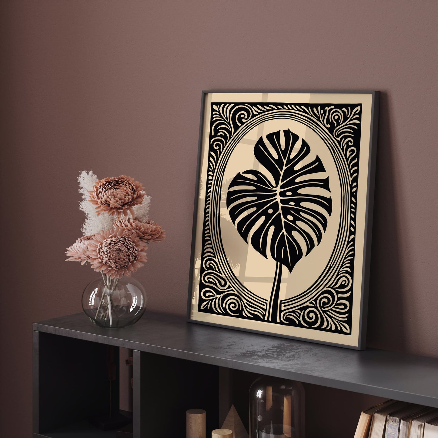 Black Victorian Style Monstera Leaf Wall Art Print