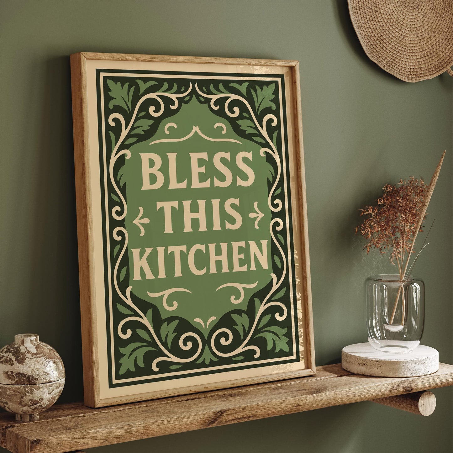Green Kitchen Poster - Bless This Kitchen Art