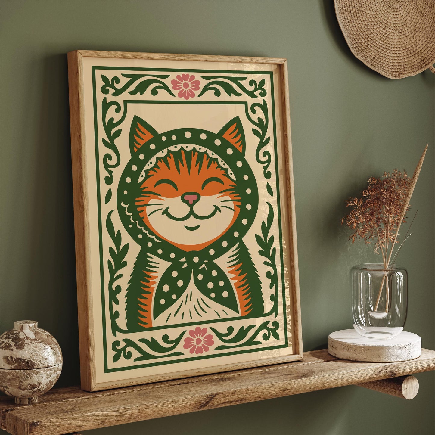 Whimsical Cat Poster - Folk Art Animal Wall Print