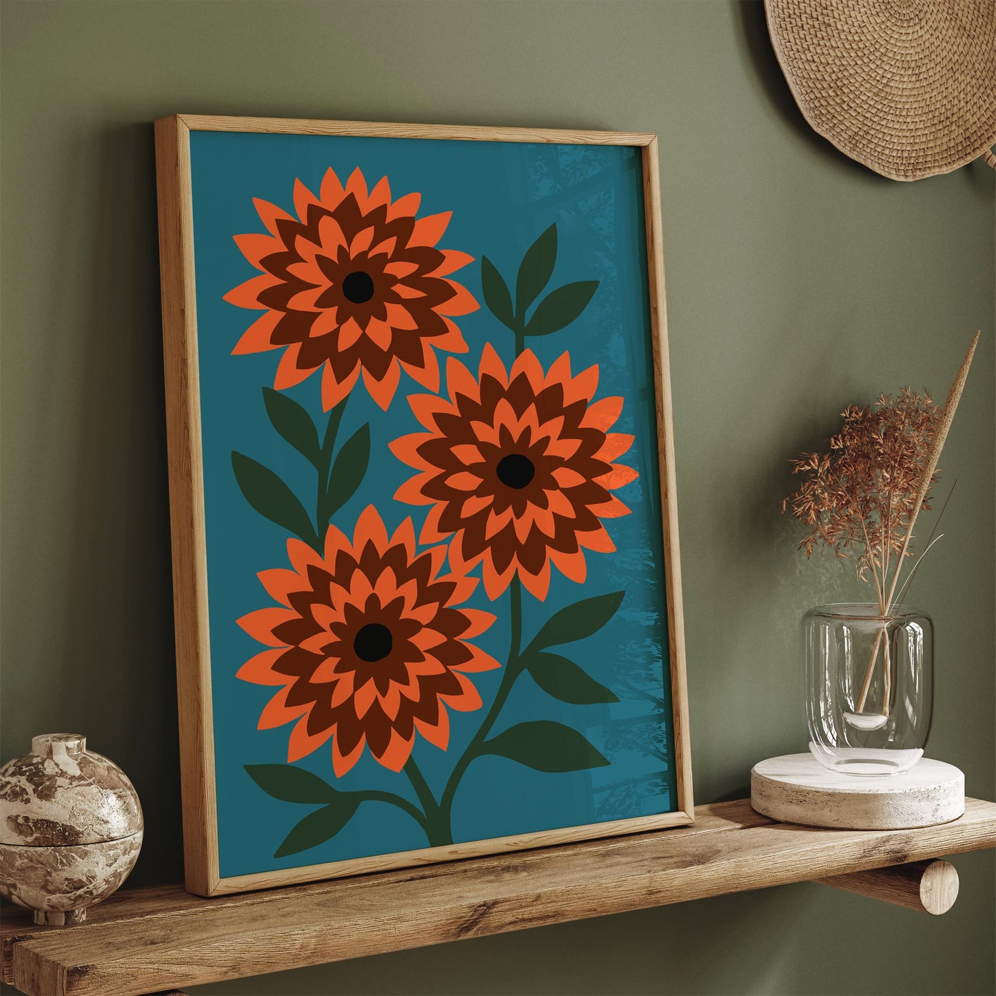 Retro Dahlia Flowers Poster, Colorful Nature Wall Art Print