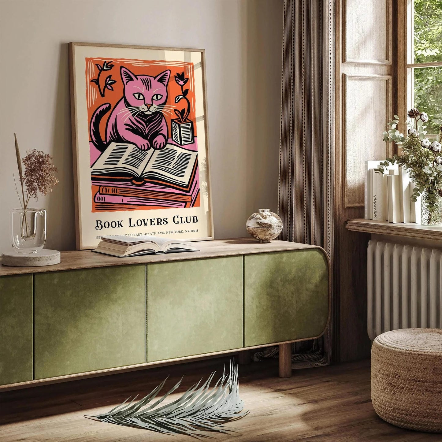 Pink Cat and Books Poster – Book Lovers Club Wall Art