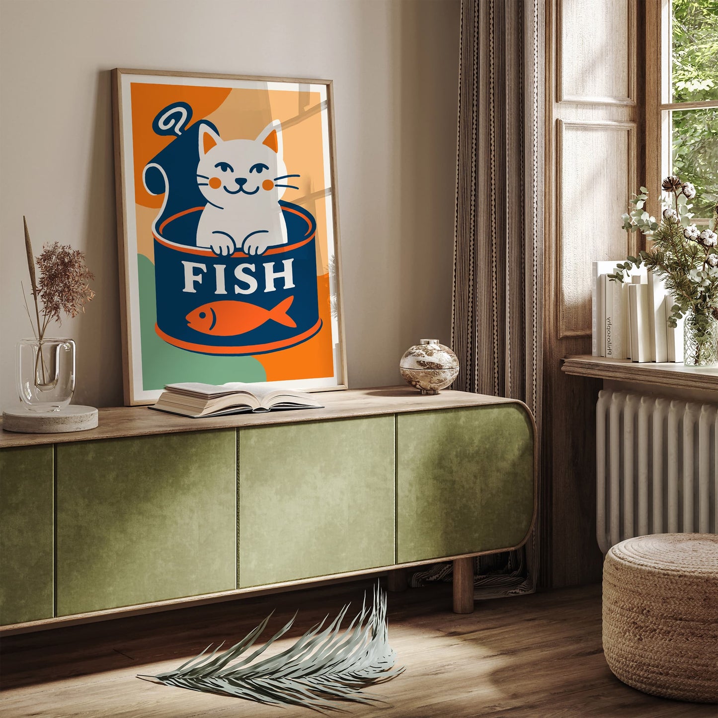 Funny White Cat and Canned Fish Poster