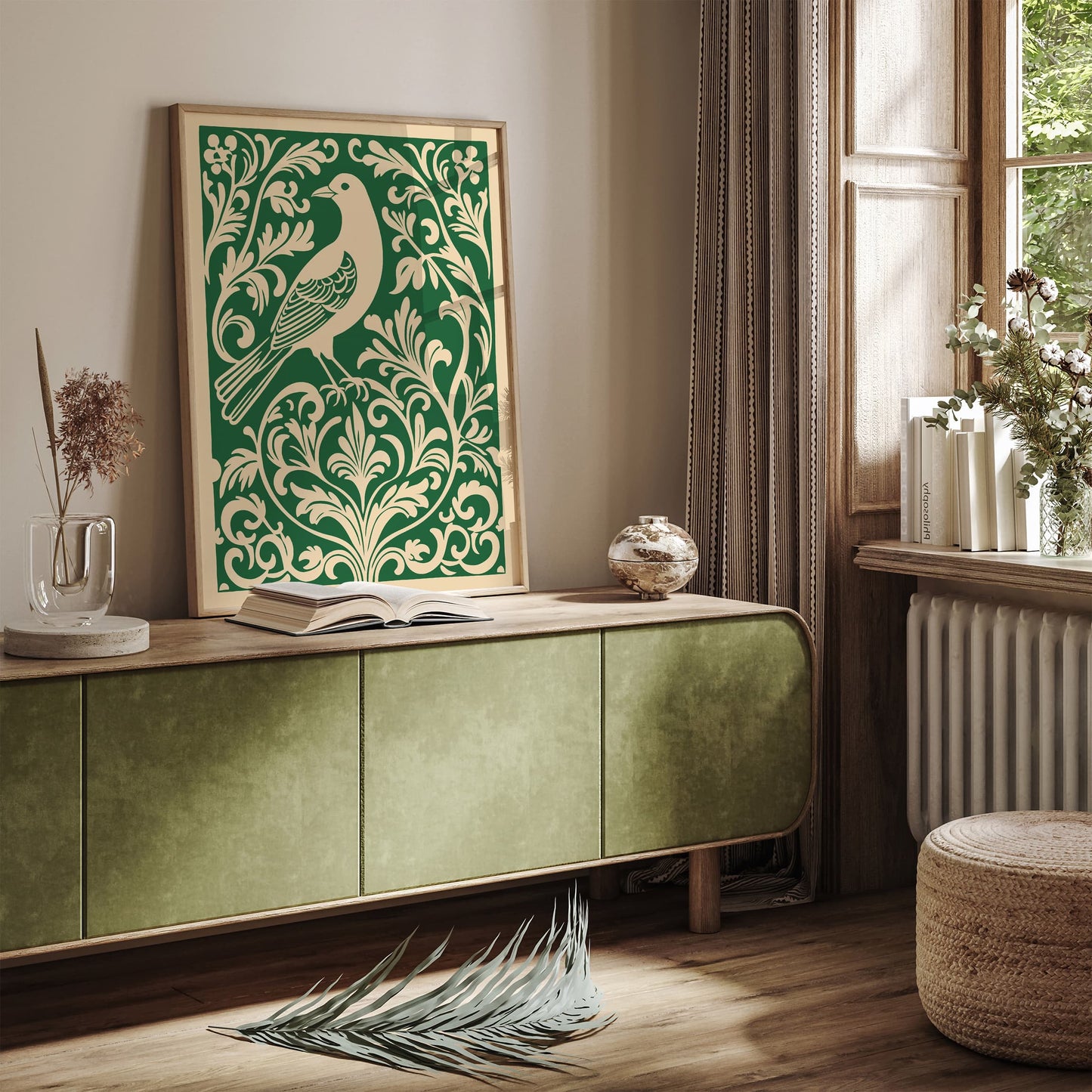 Green Rococo Bird in Floral Pattern Poster