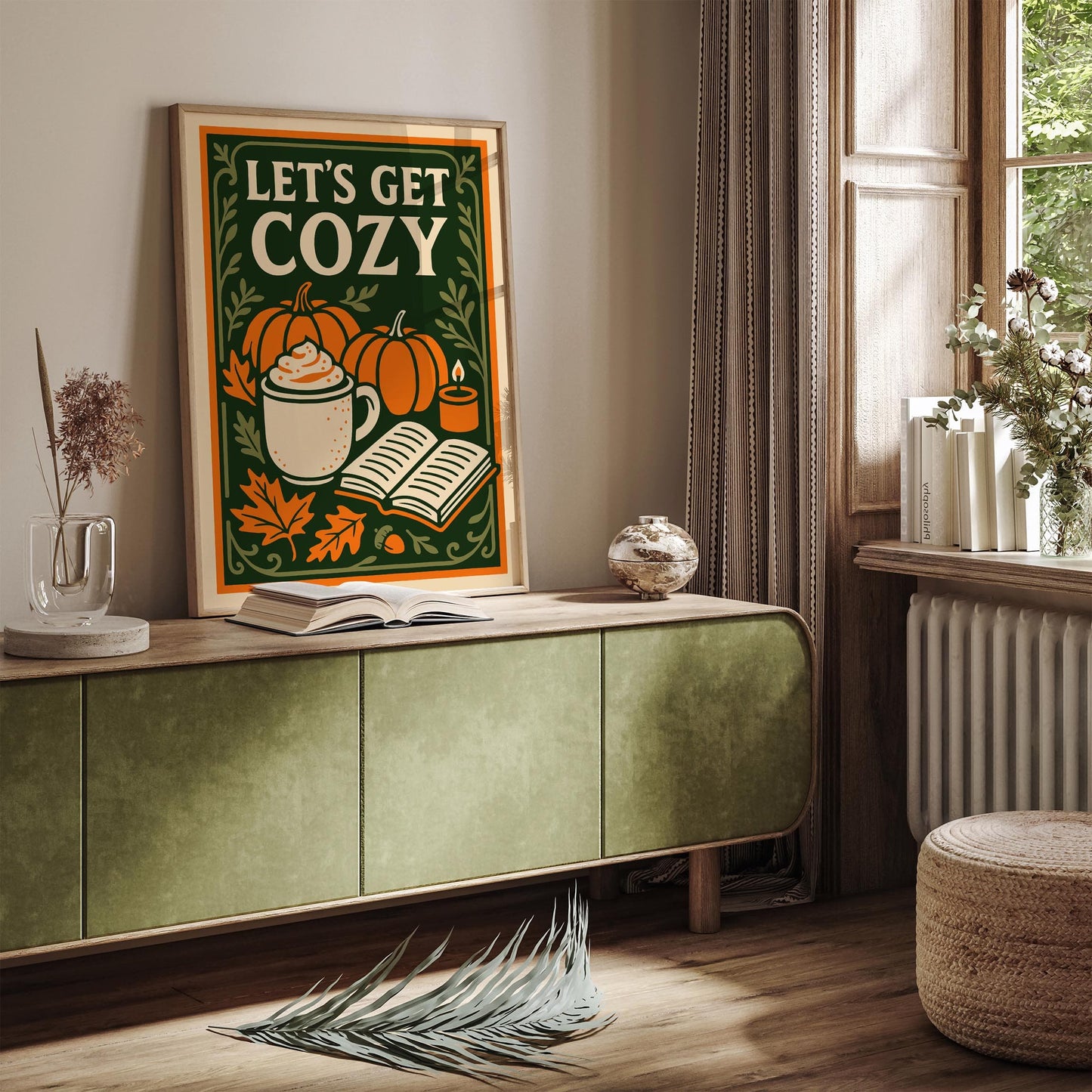 Lets Get Cozy Poster - Autumn Pumpkin, Spice Latte, Book Art Print