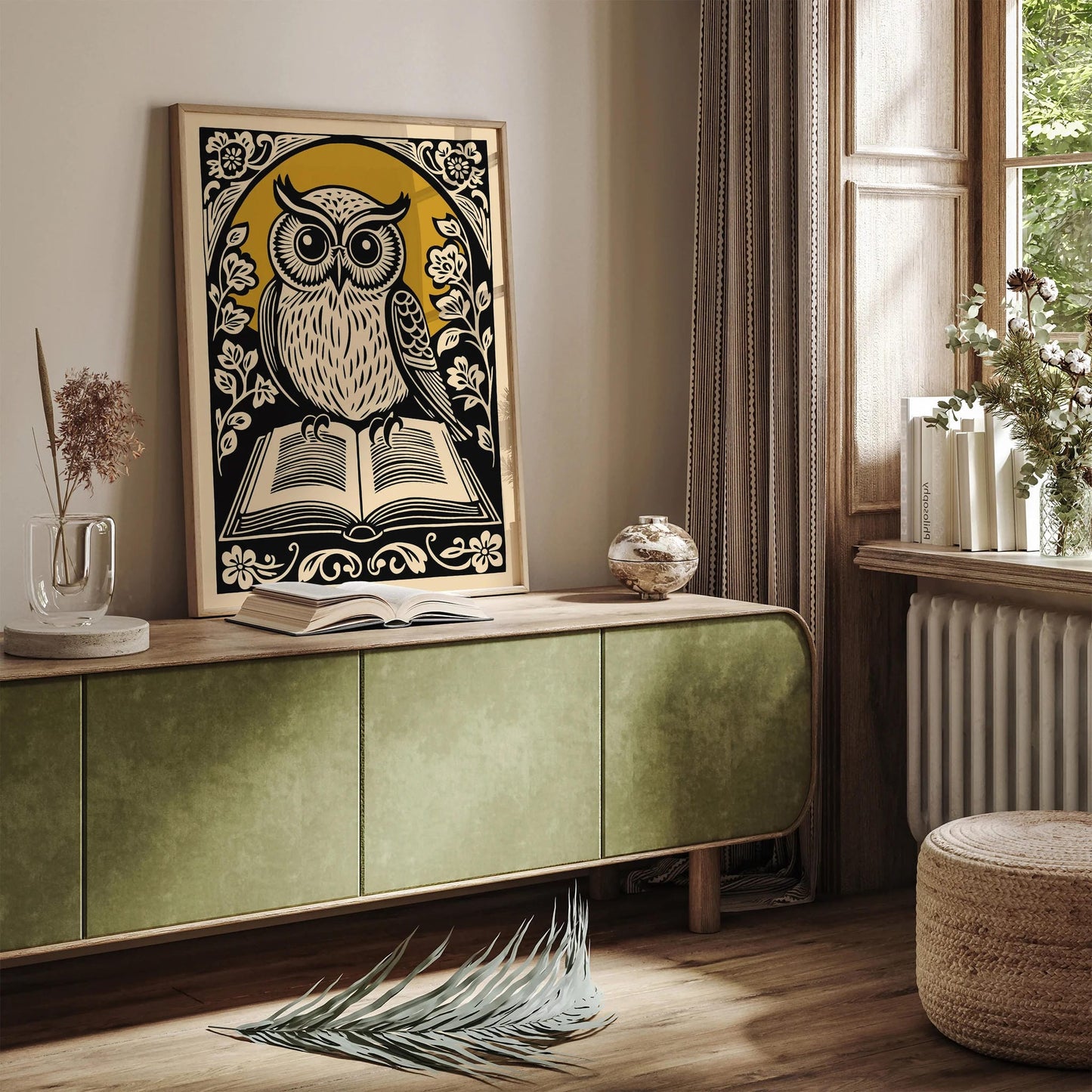 Vintage Owl with Book Linocut Style Print