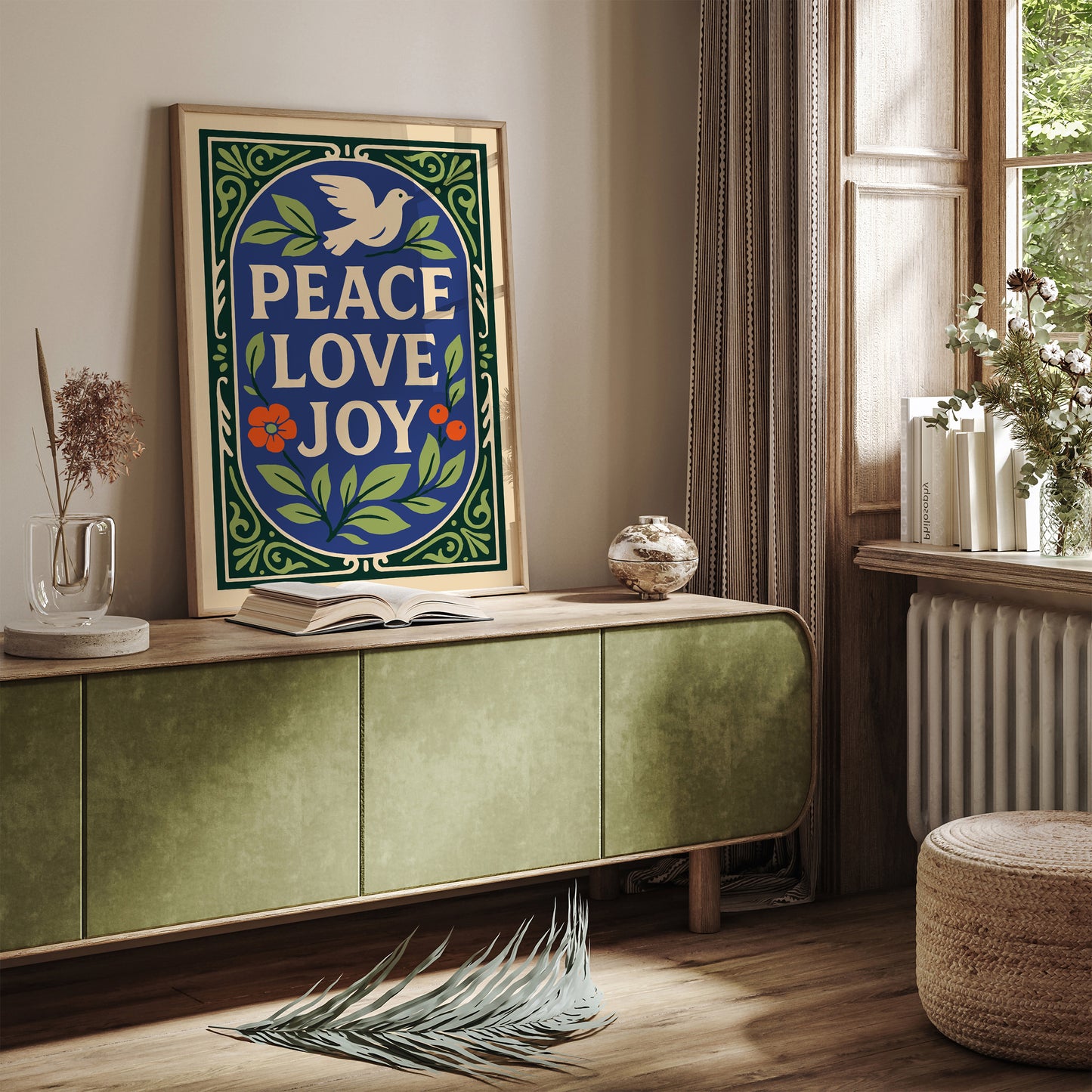 Peace Love Joy Poster – Dove & Floral Wall Art