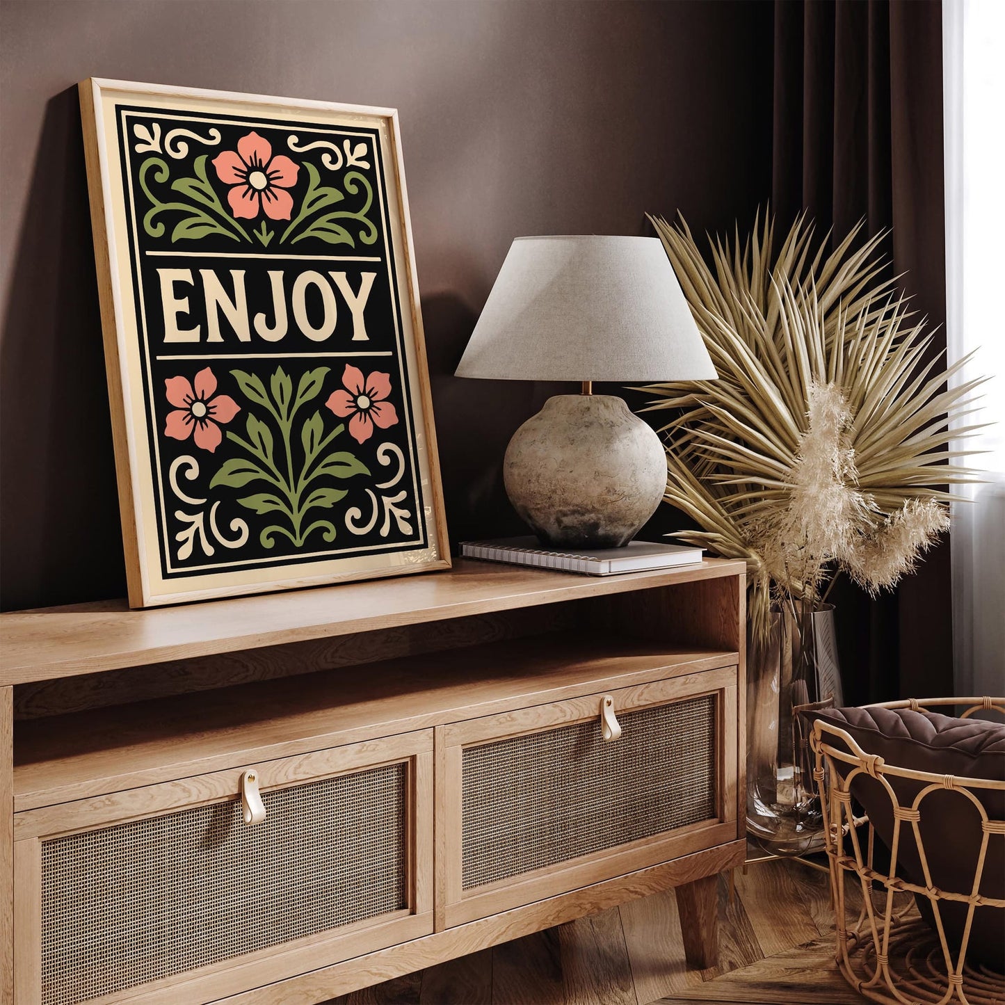 Enjoy Quote Poster, Black Rococo Floral Art Print