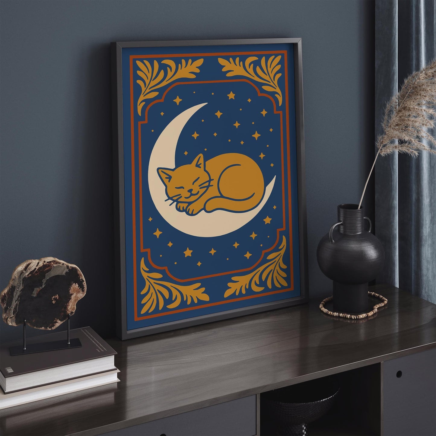 Sleeping Cat on the Moon Poster - Bedroom Wall Decor