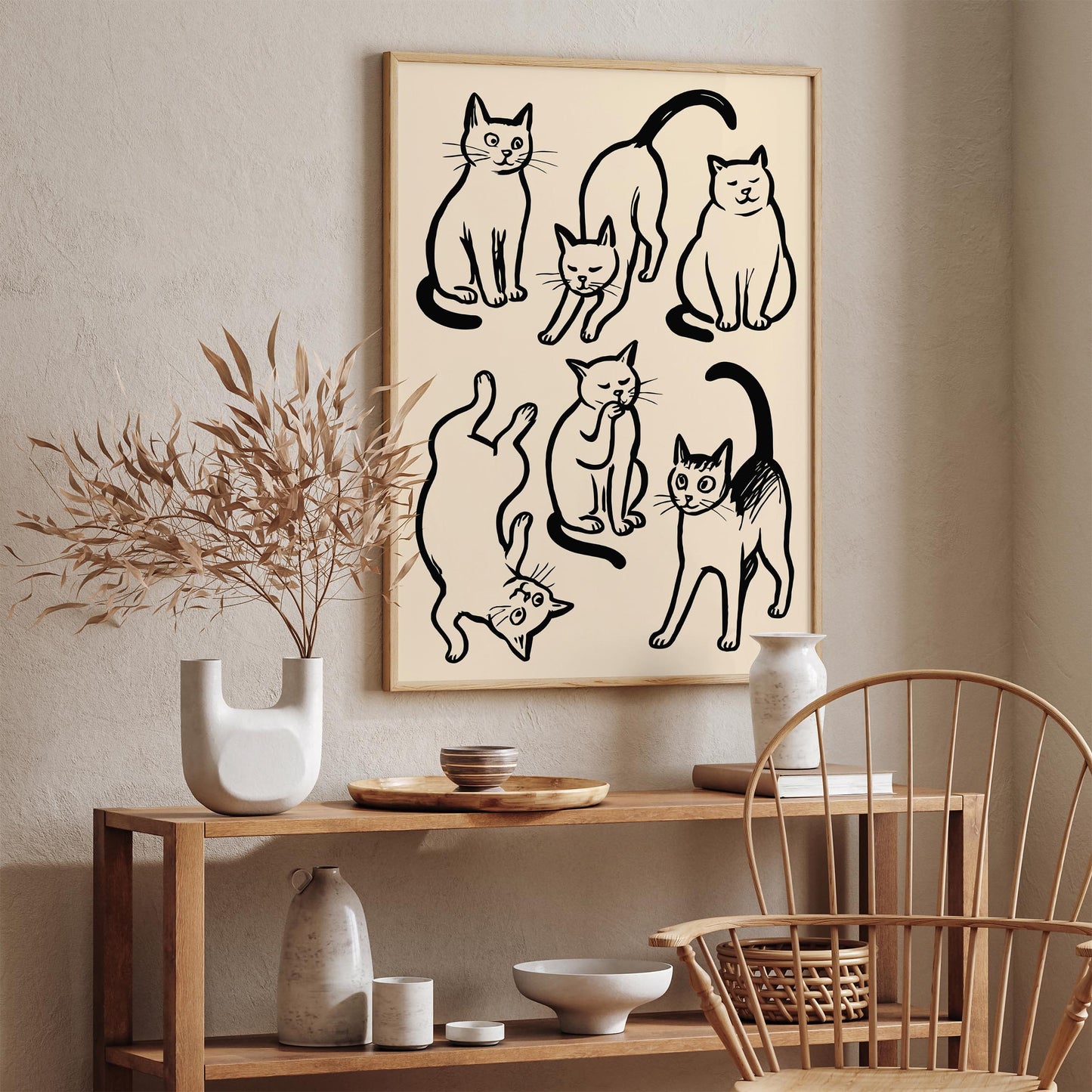 Six Funny Cats Poster - Black Ink Sketch Wall Art Print