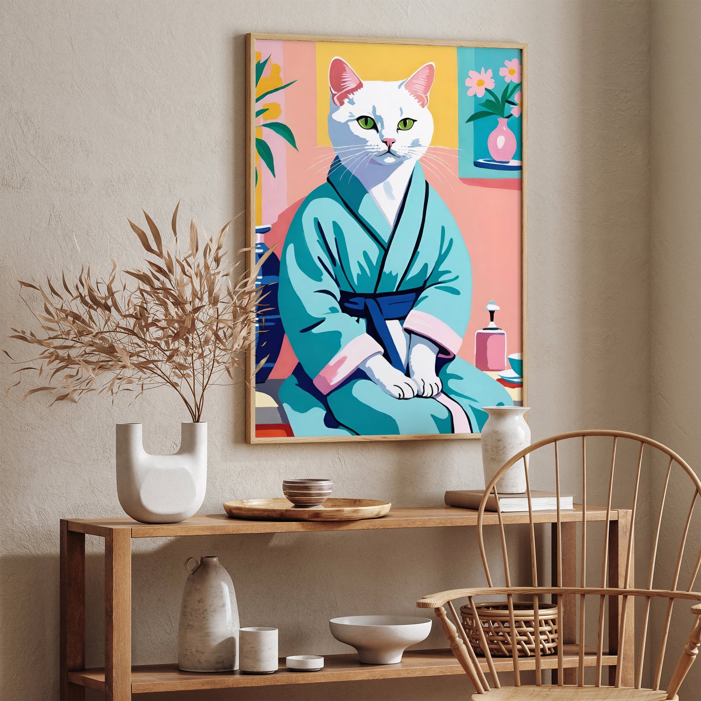 Cat in Bathrobe Cute Wall Art Print