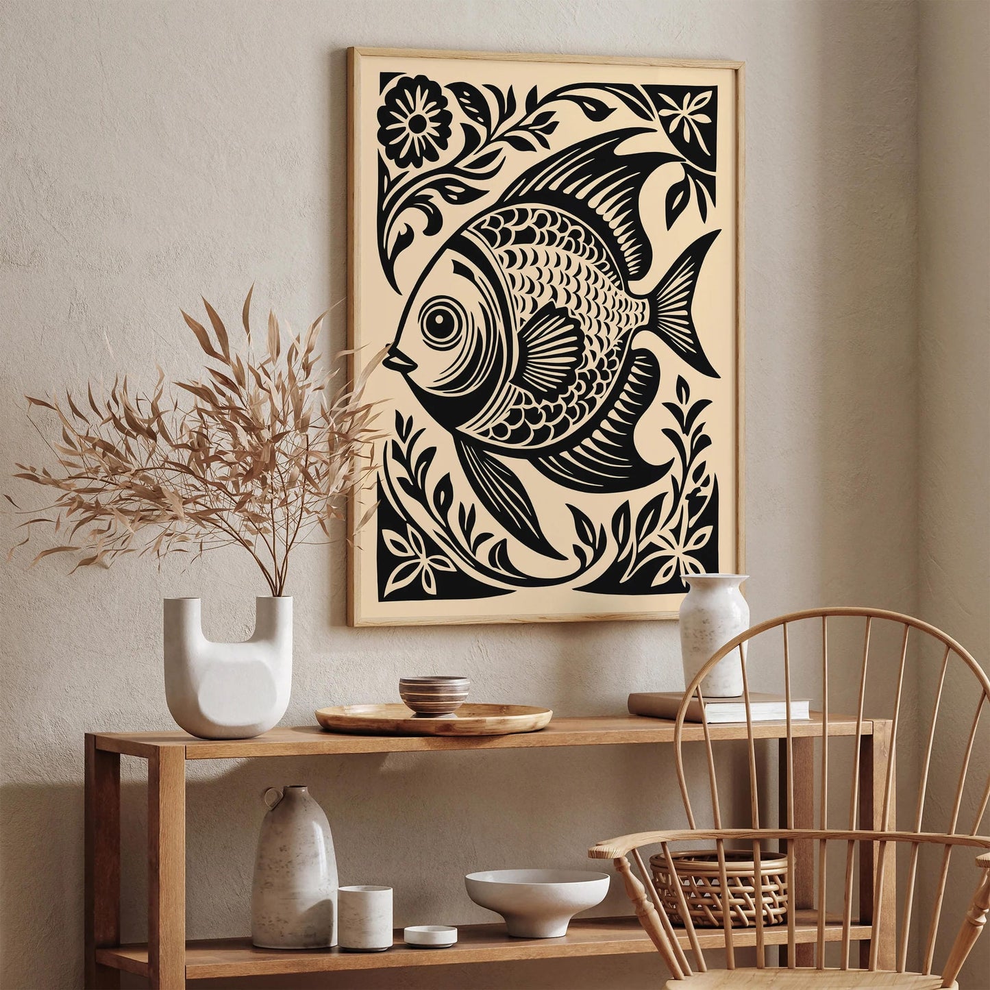 Black Woodcut Style Fish Art Print – Nautical Wall Decor