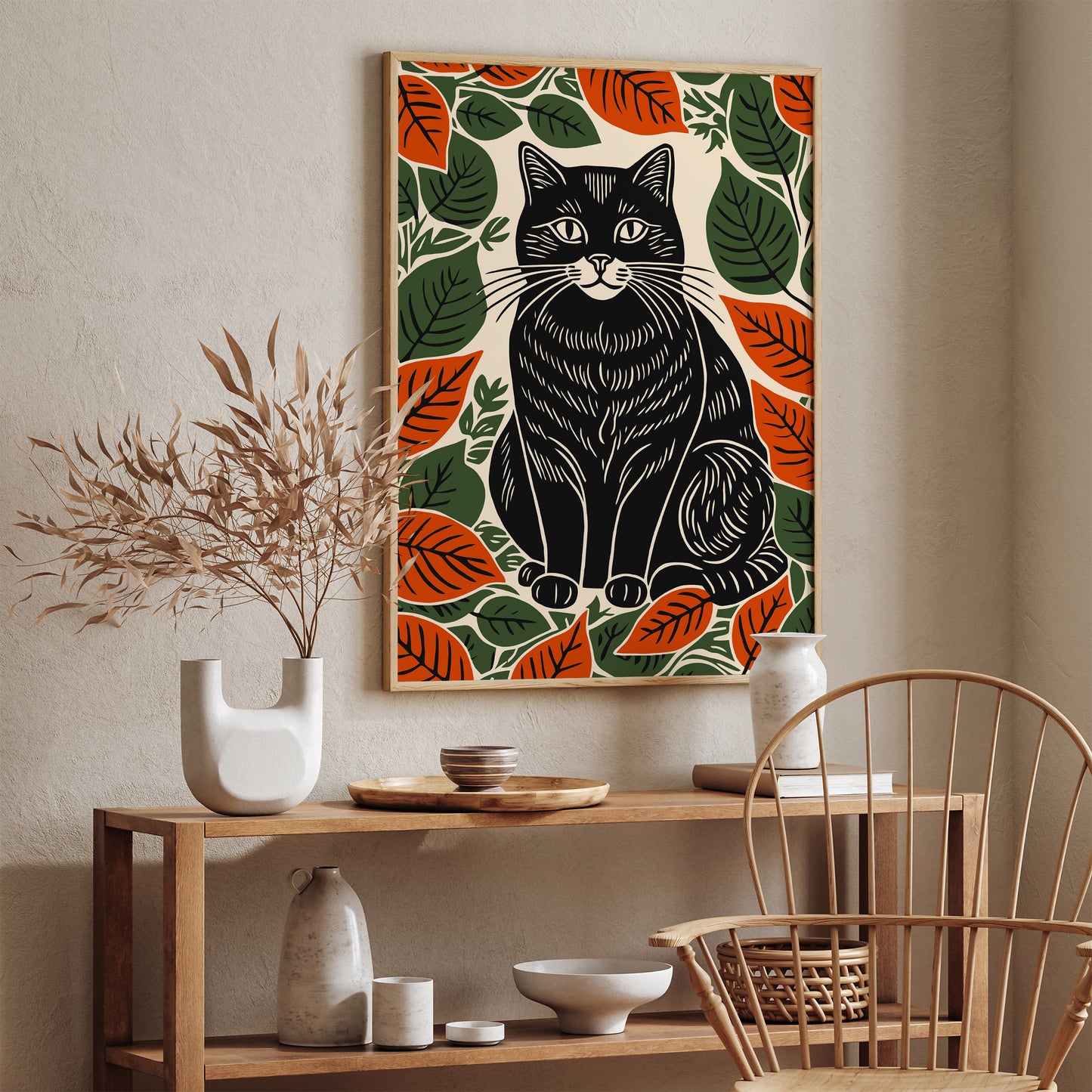 Black Cat in Fall Leaves Art Print 2025