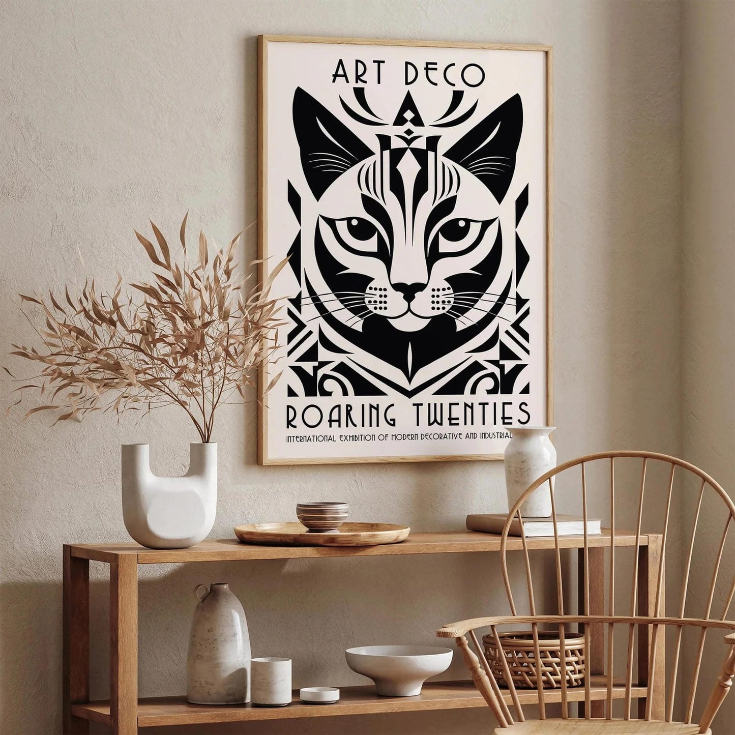 Art Deco Cat Art Print - Black & White Poster