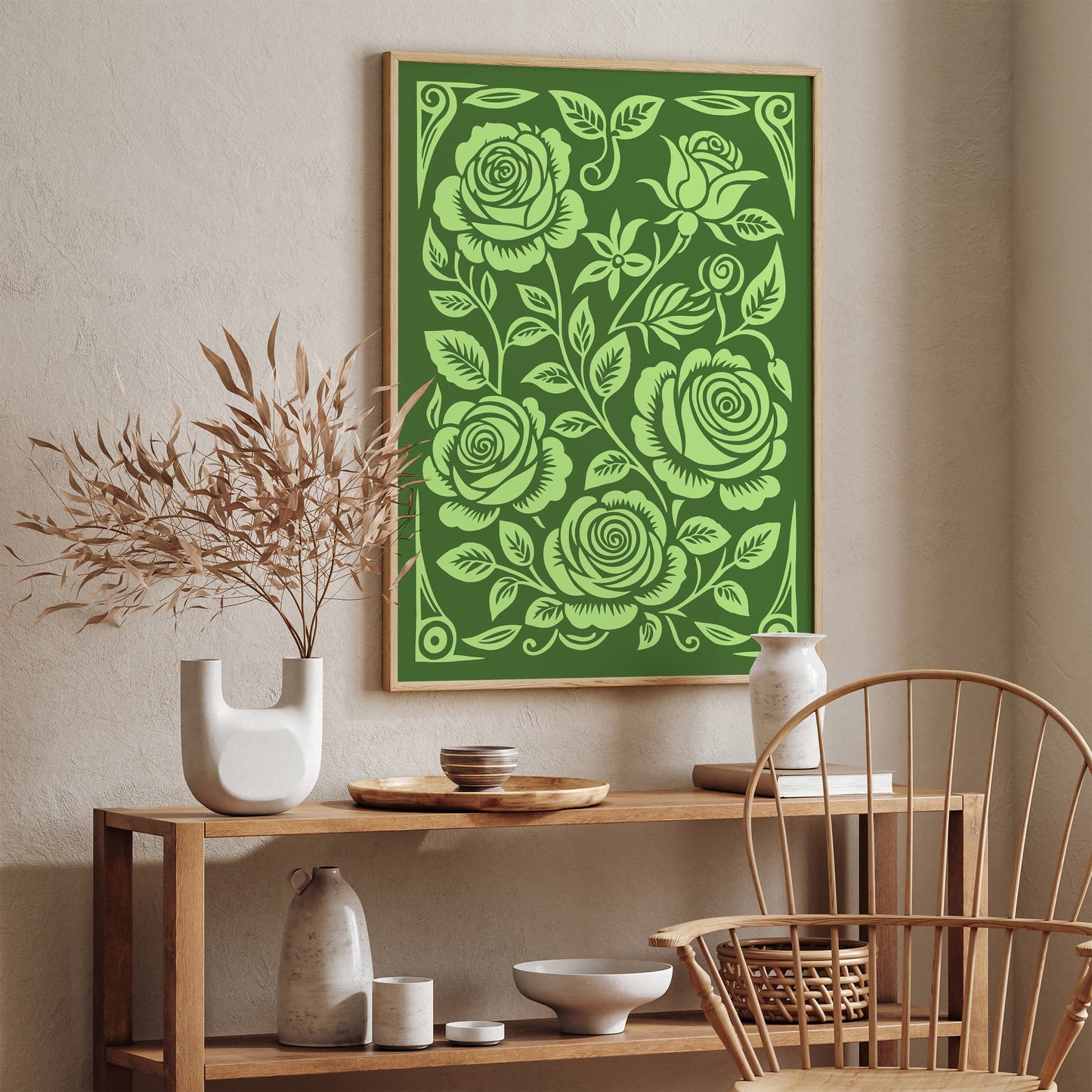 Lime Cream Roses Botanical Green Rococo Poster