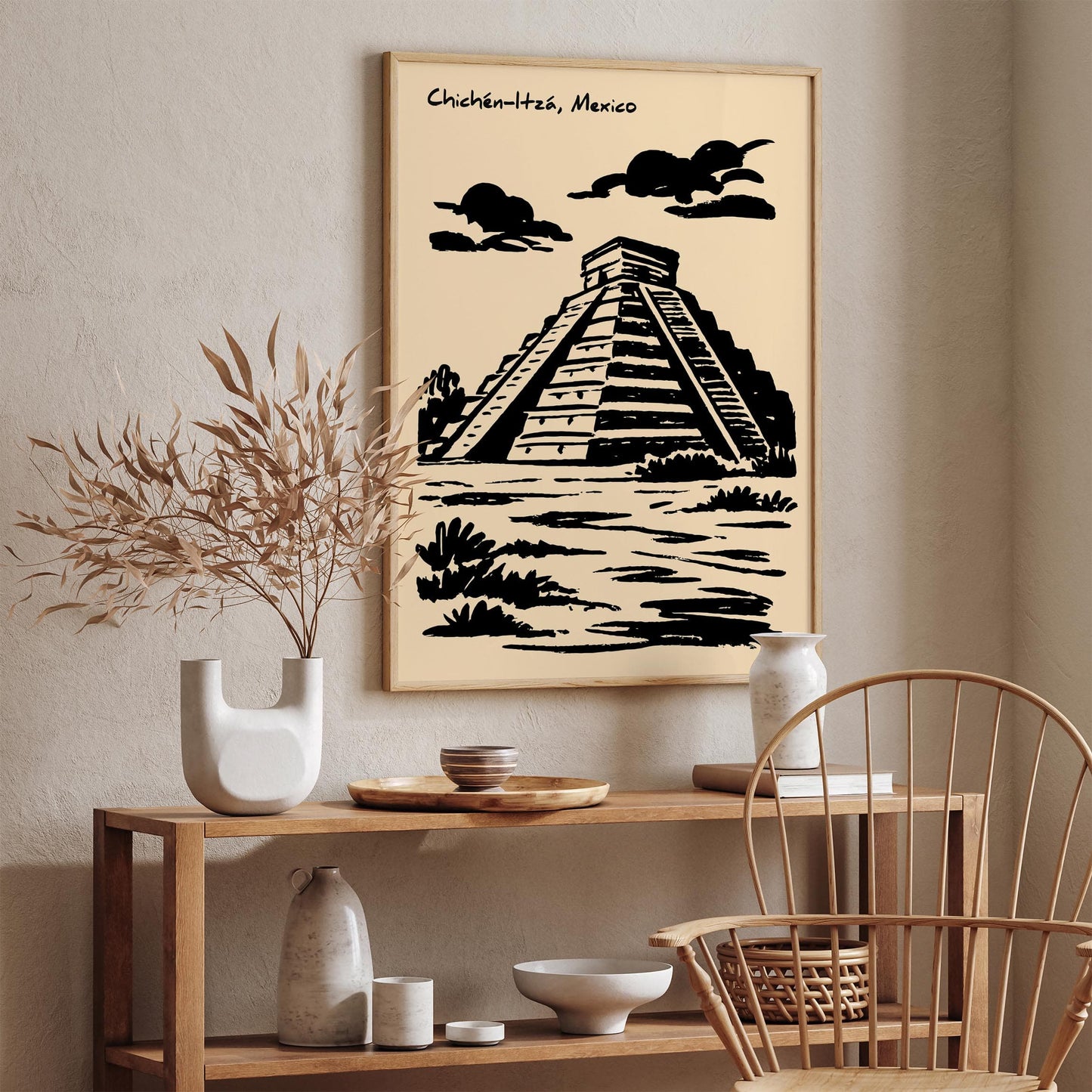 Chichén Itzá Poster - Black Ink Mexico Architecture Print