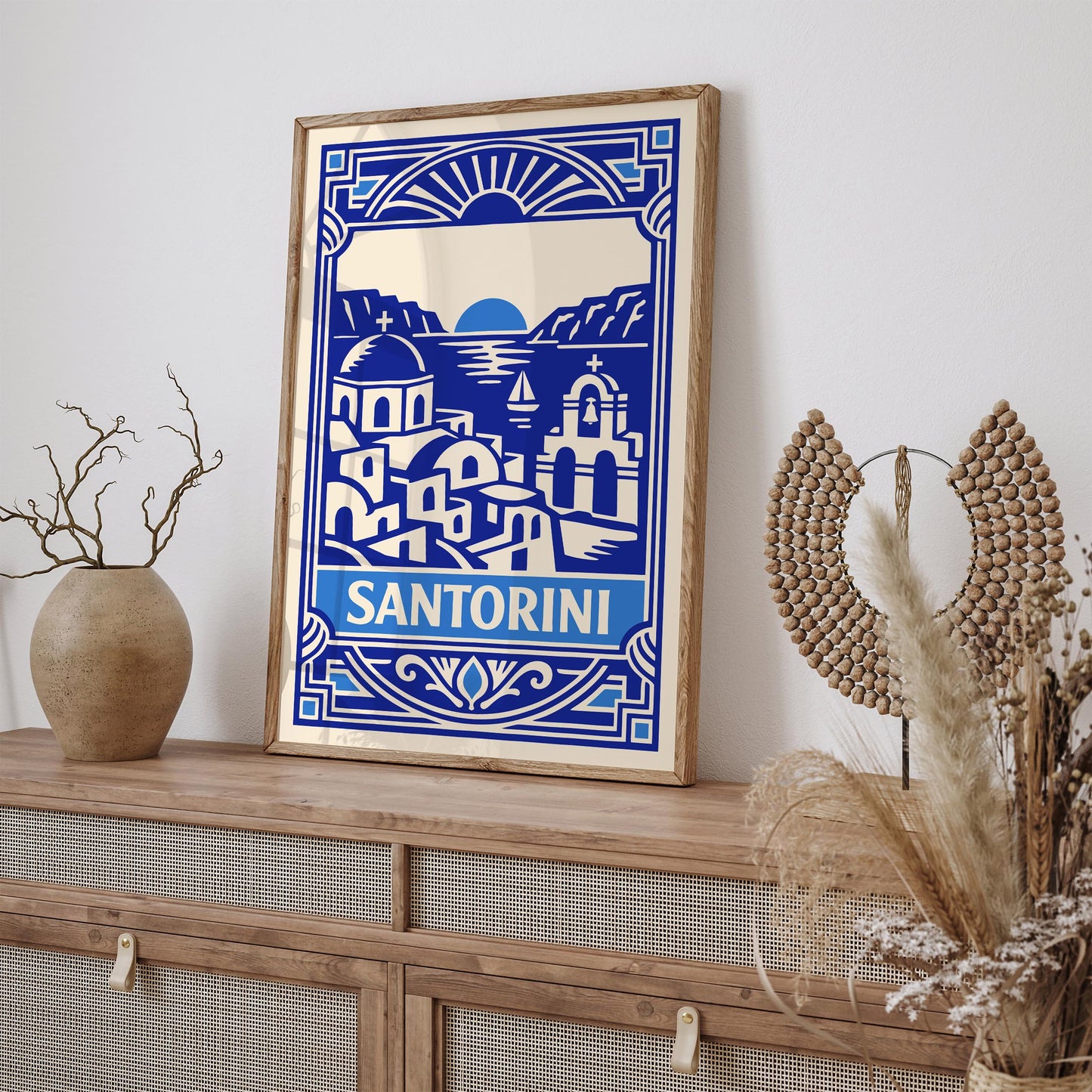 Blue Art Deco Santorini Wall Art Print – Greek Island Decor