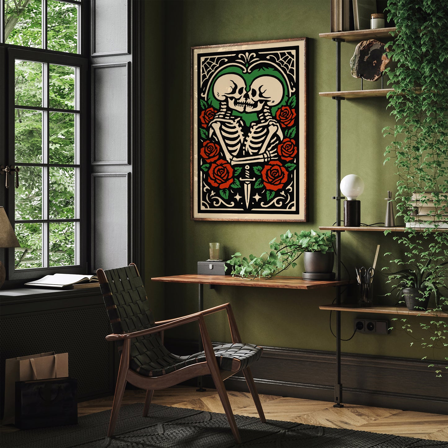 Rockabilly Skeletons Couple Poster - Halloween Romantic Kiss Art Print
