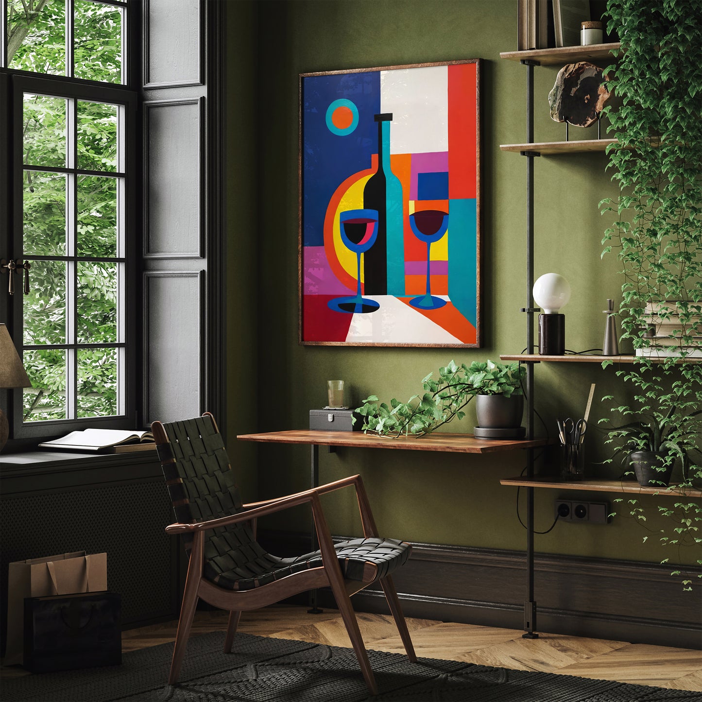 Modern Abstract Wine Art - Colorful Geometric Wine Bottle & Glasses Poster