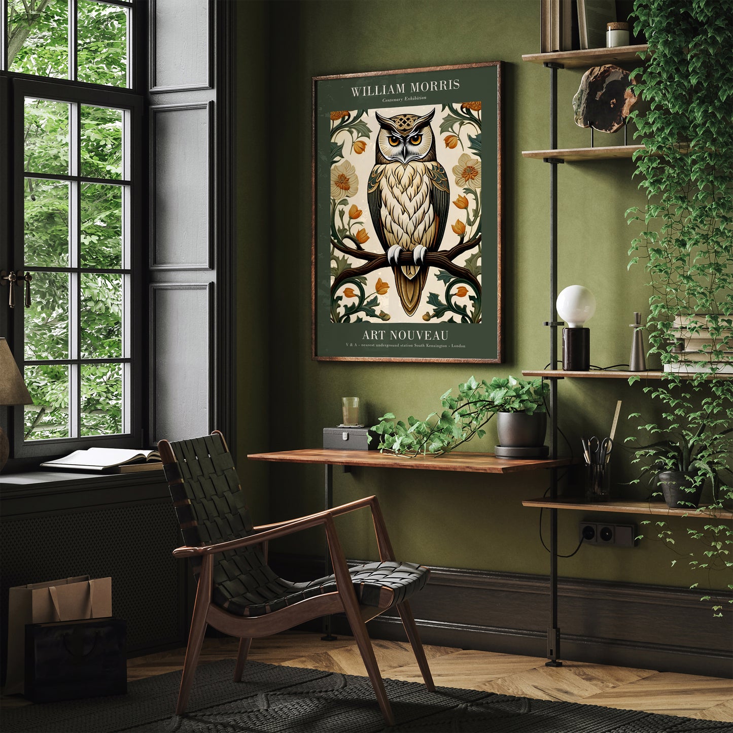 Art Nouveau Green Owl Morris Poster