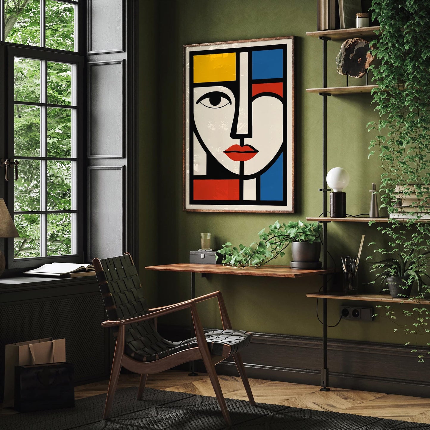 Modern Geometric Woman Face Poster Mondrian Bauhaus Style