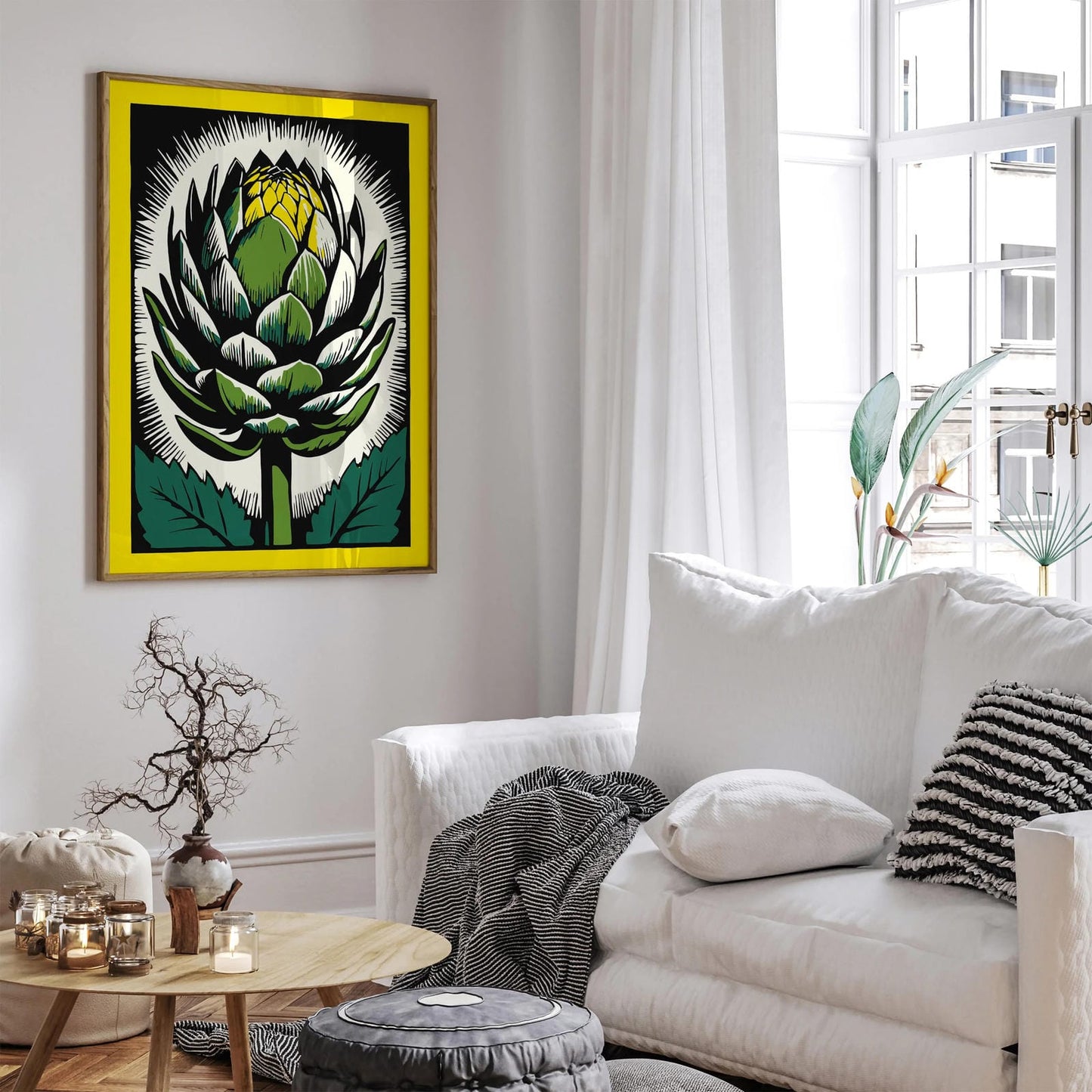 Vintage Artichoke Linocut Yellow Poster