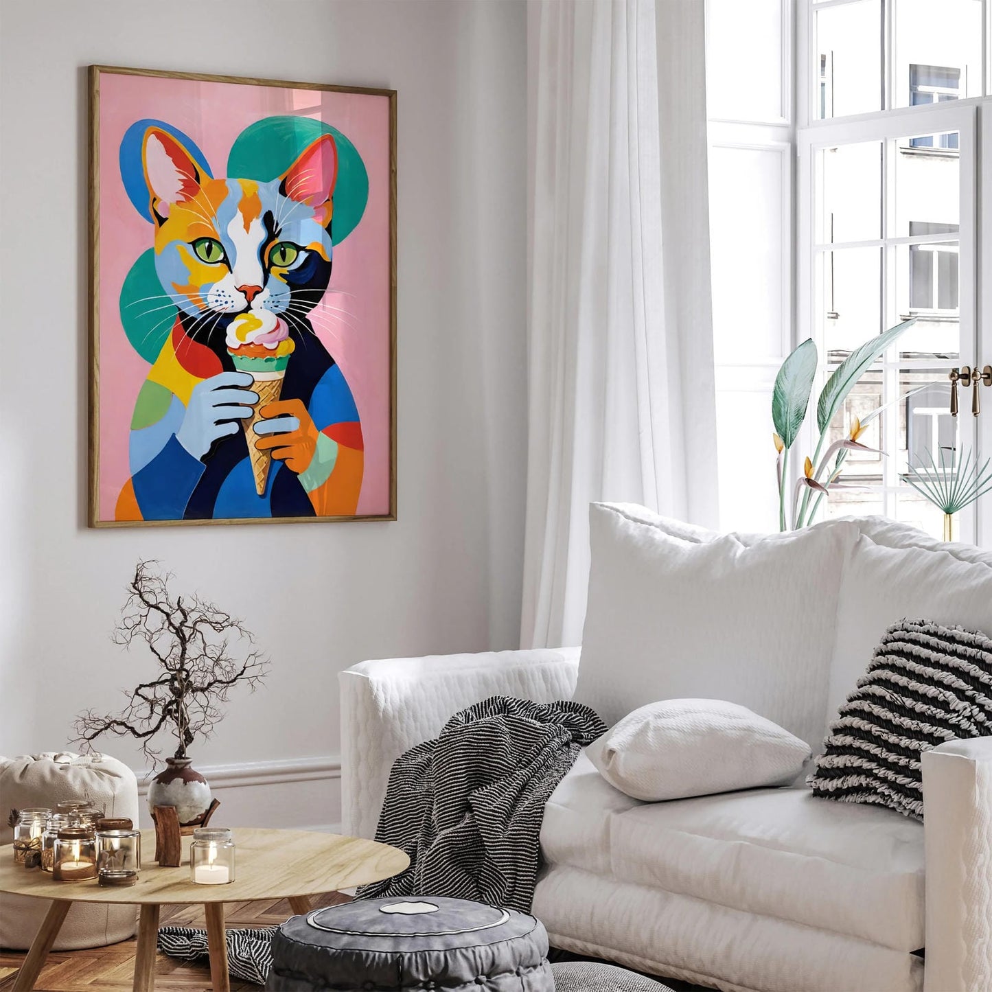 Cute Cat with Ice Cream Art Print 2024
